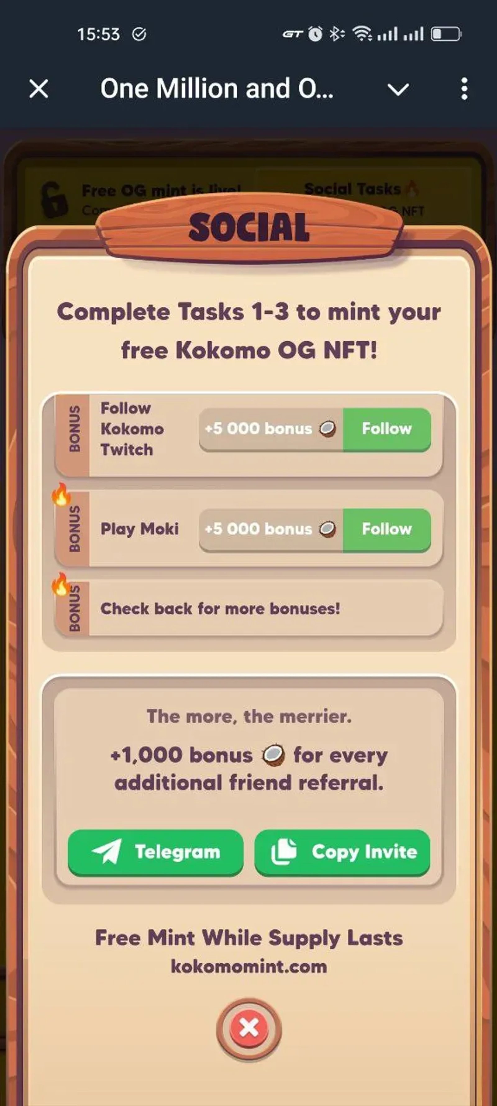 One Million and One Kokos в Телеграм — скриншот 1