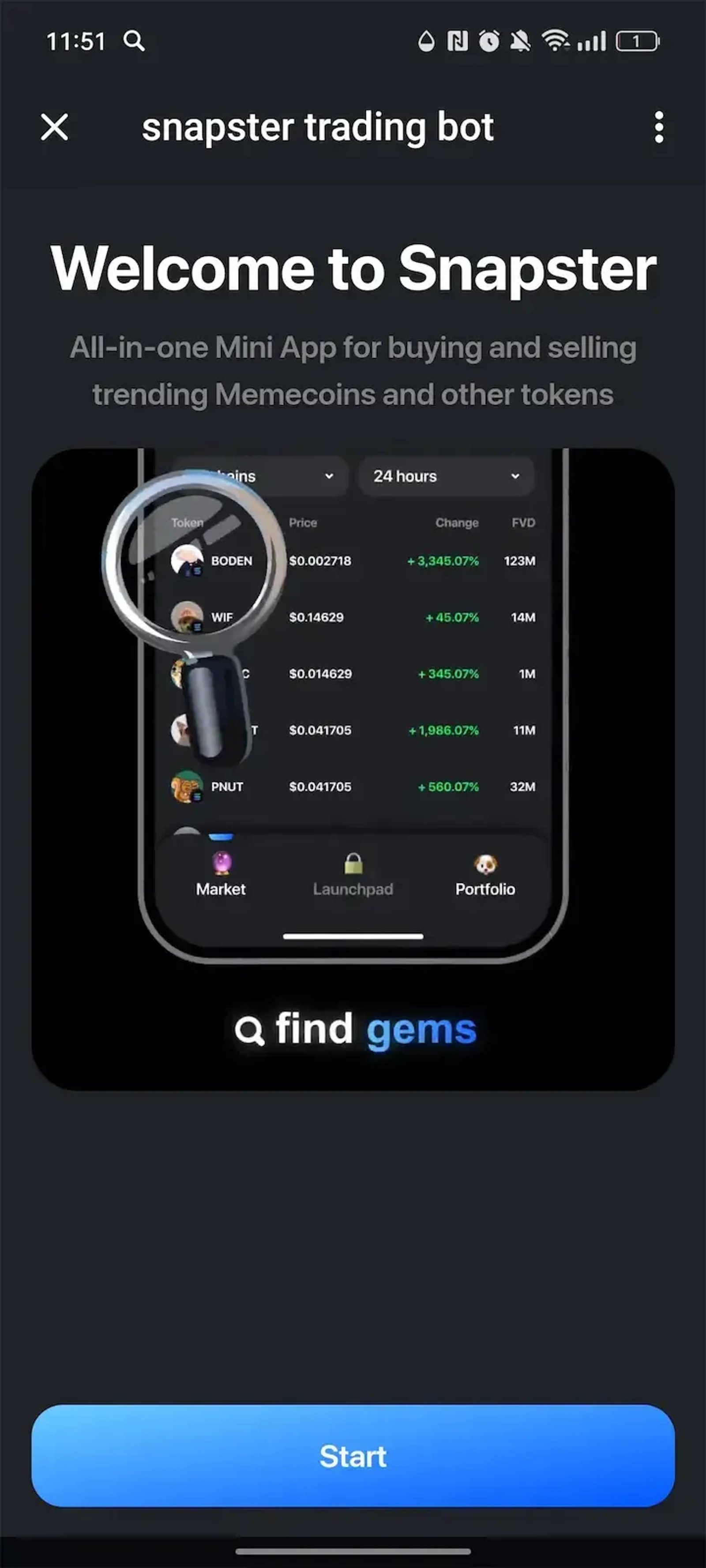 snapster trading app в Телеграм — скриншот 1