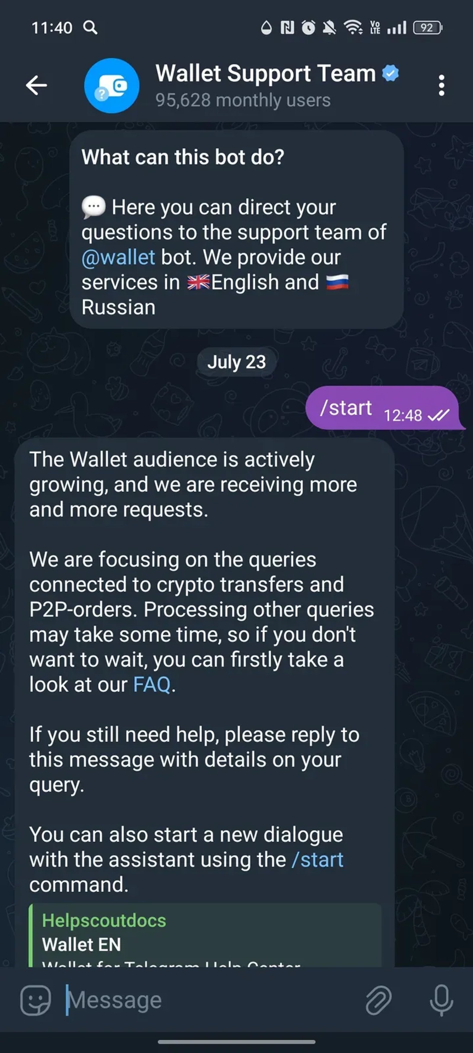 Wallet Support Team в Телеграм — скриншот 1