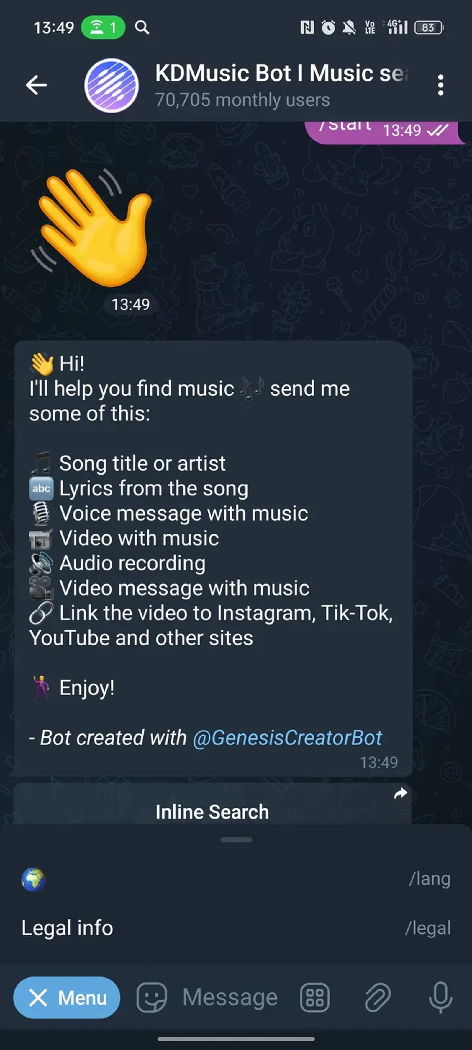 KDMusic Bot I Music search в Телеграм — скриншот 3