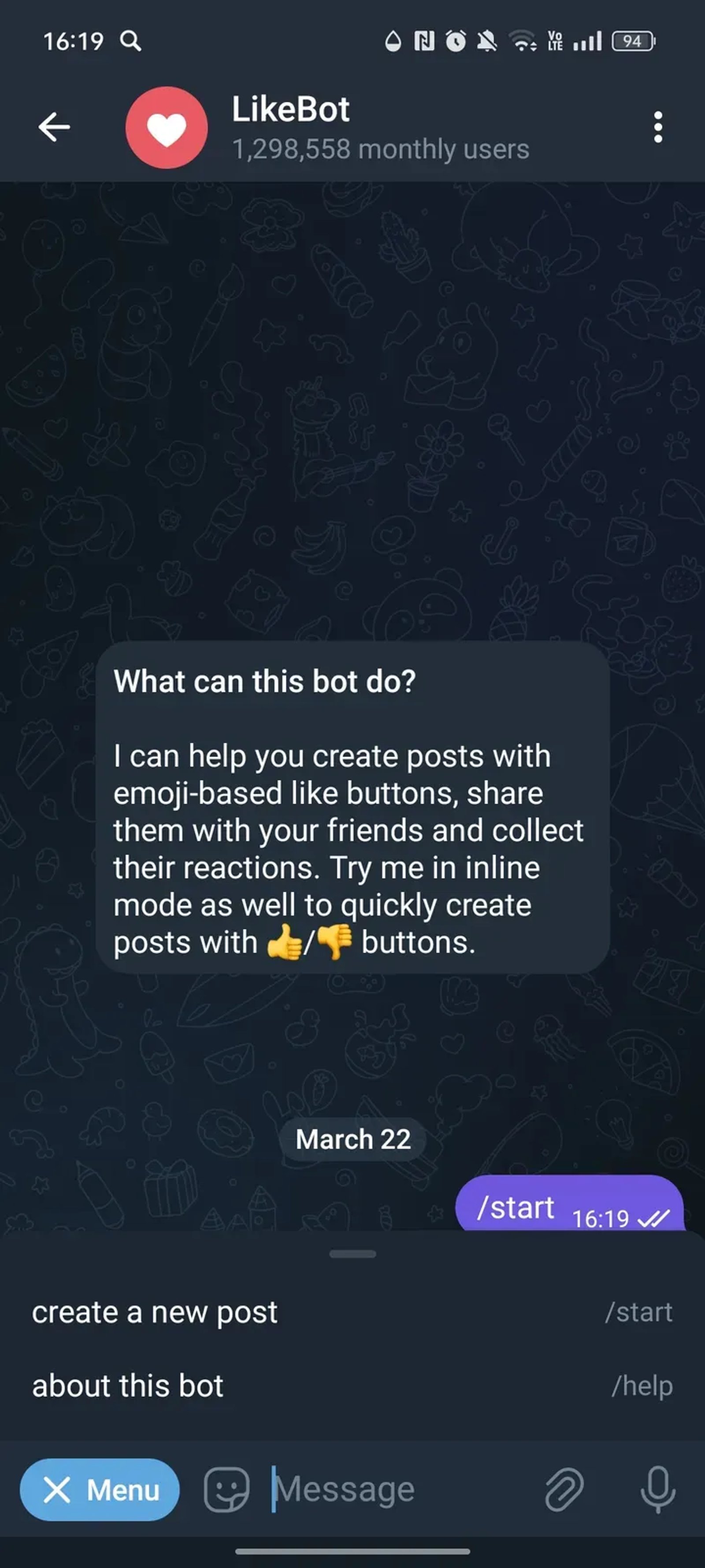 LikeBot в Телеграм — скриншот 2