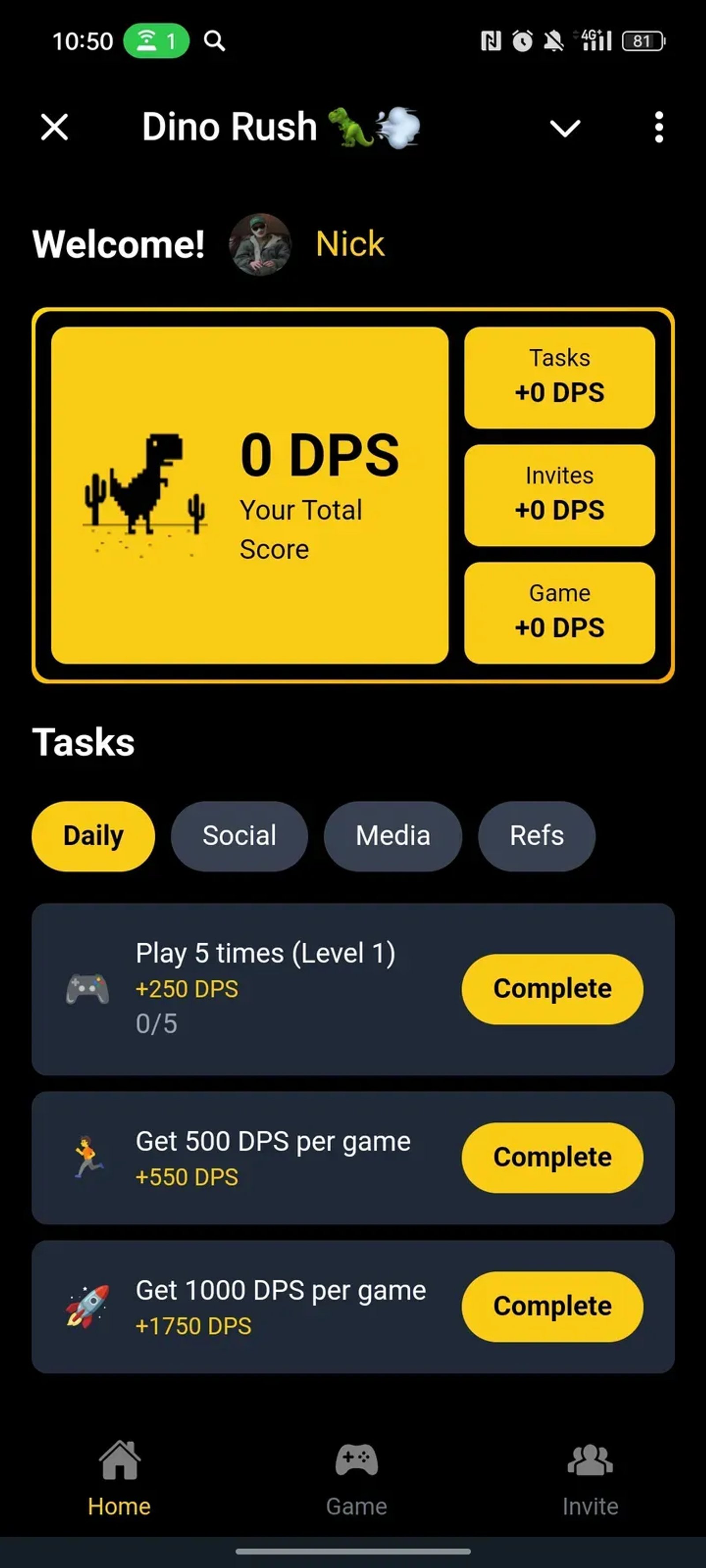 Dino Rush 🦖💨 в Телеграм — скриншот 1