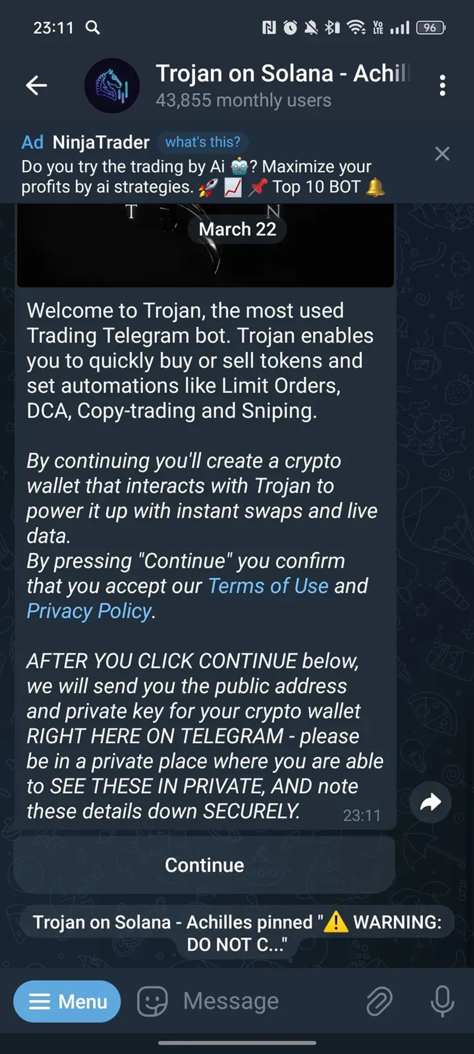Trojan on Solana - Achilles в Телеграм — скриншот 2