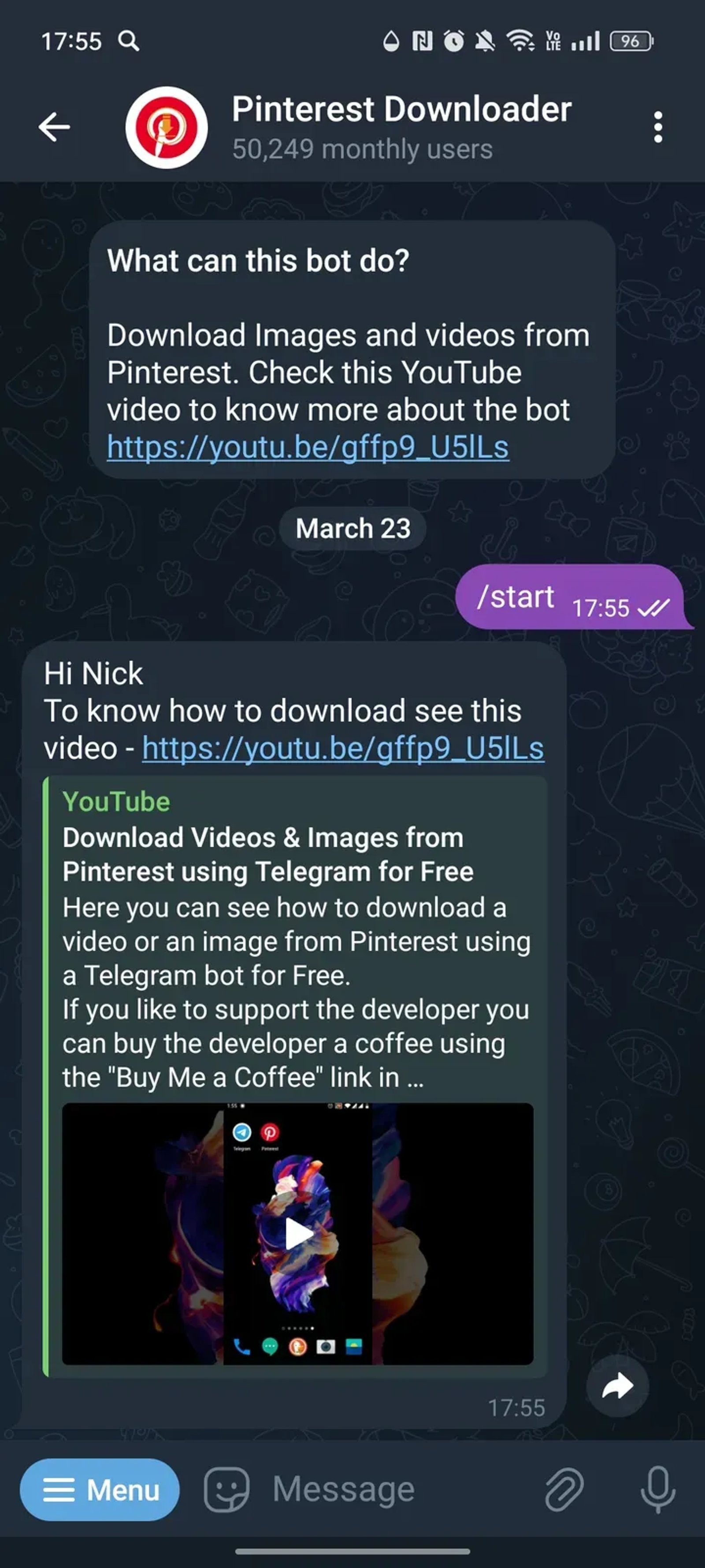 Pinterest Downloader в Телеграм — скриншот 1