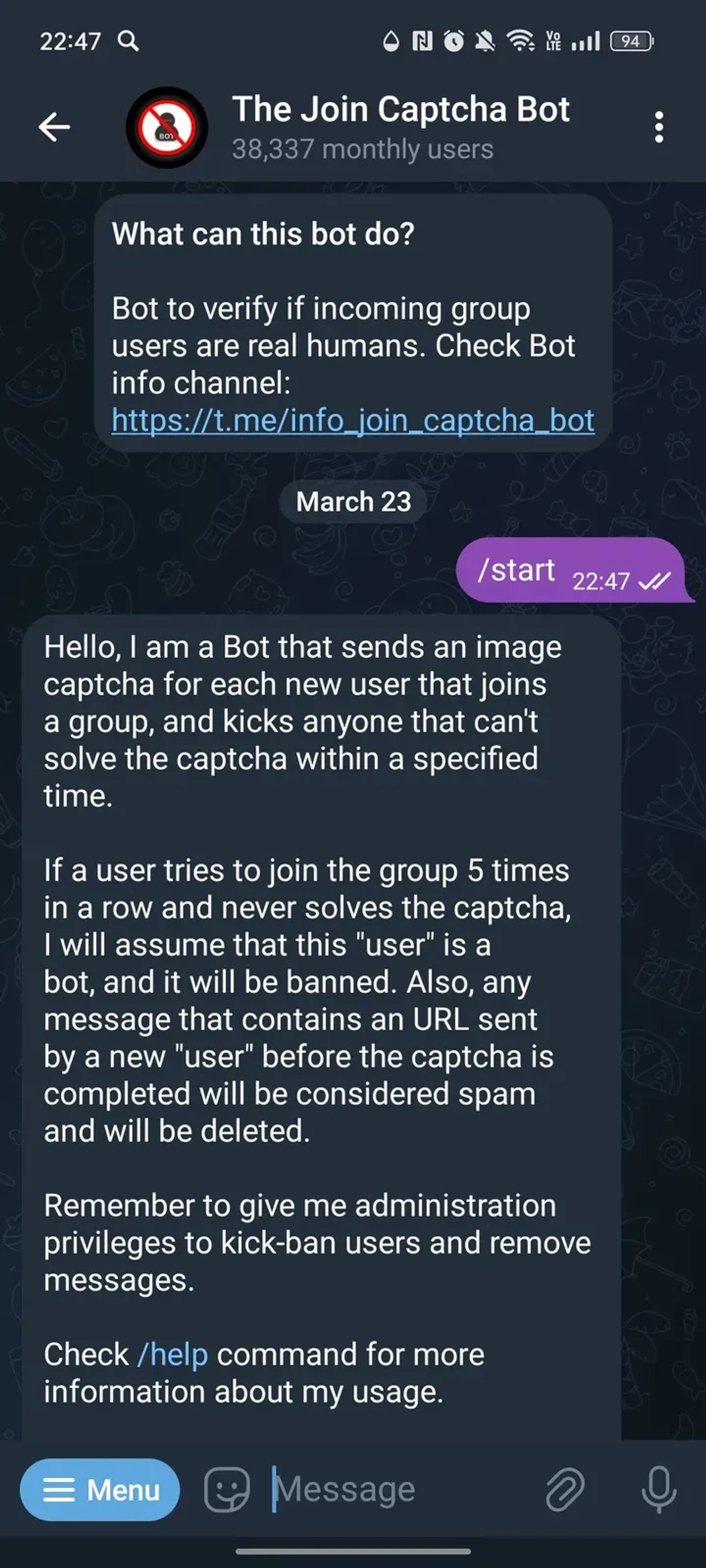 The Join Captcha Bot в Телеграм — скриншот 1