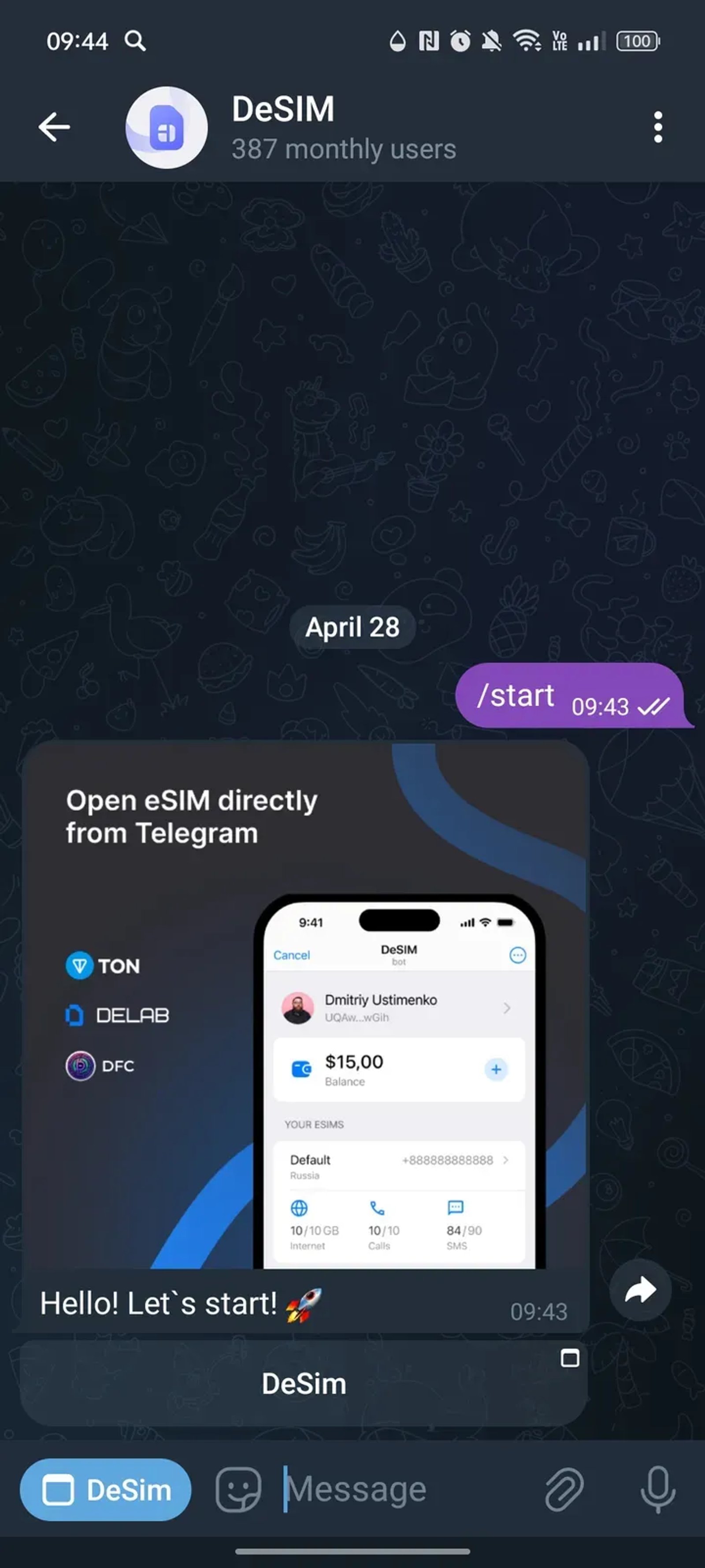 DeSIM в Телеграм — скриншот 3