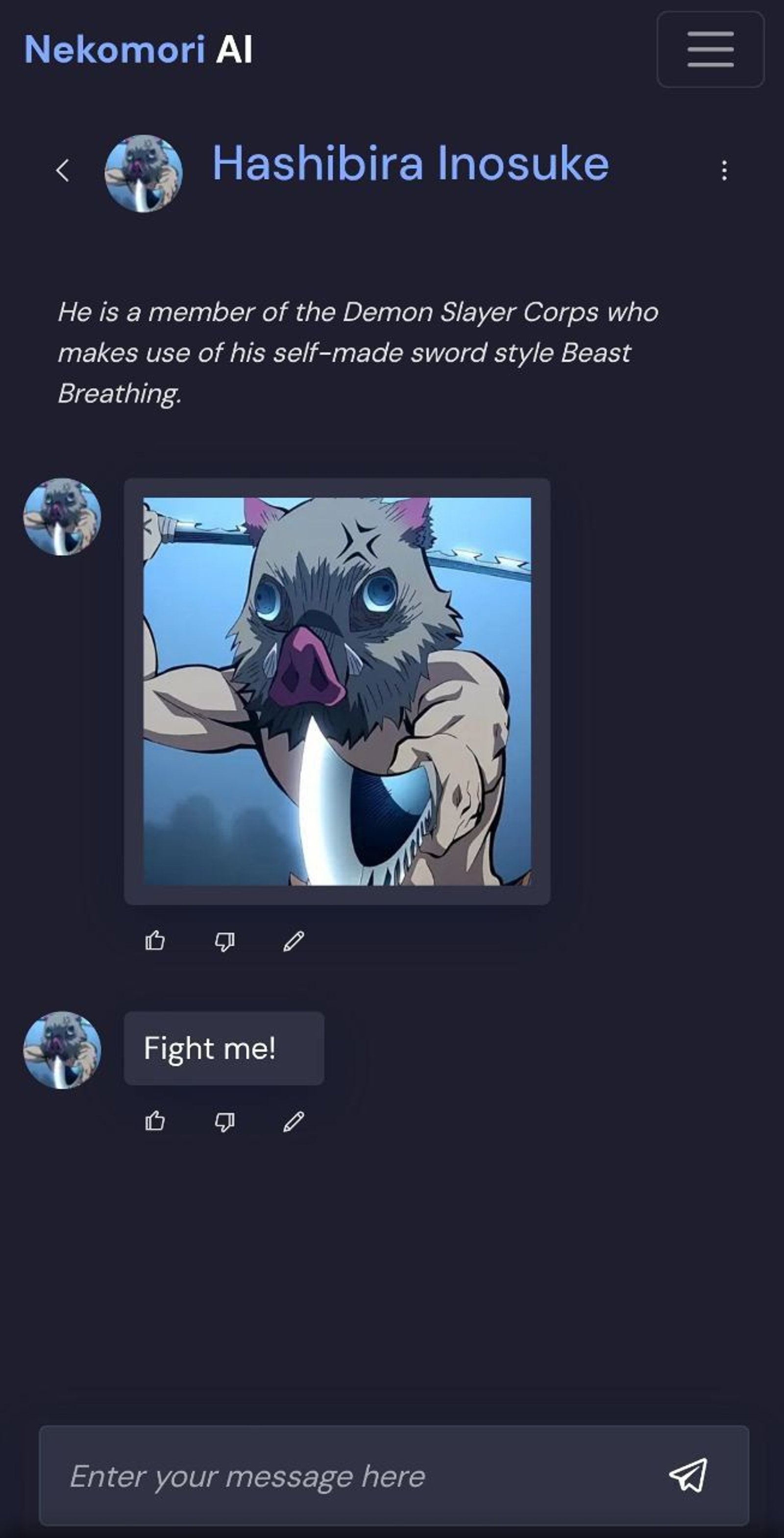 Nekomori 👾 AI Anime Chat в Telegram — скриншот 3