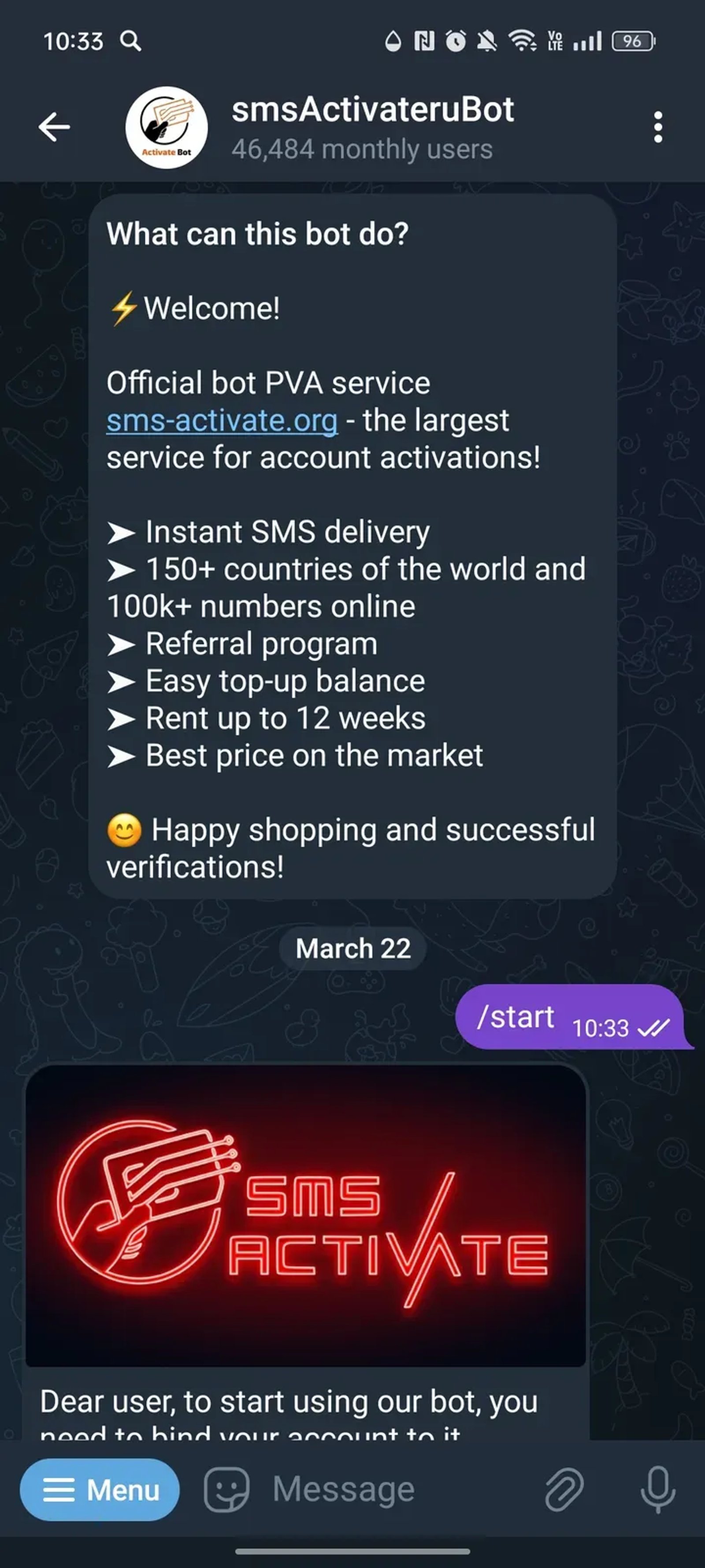 smsActivateruBot в Телеграм — скриншот 1