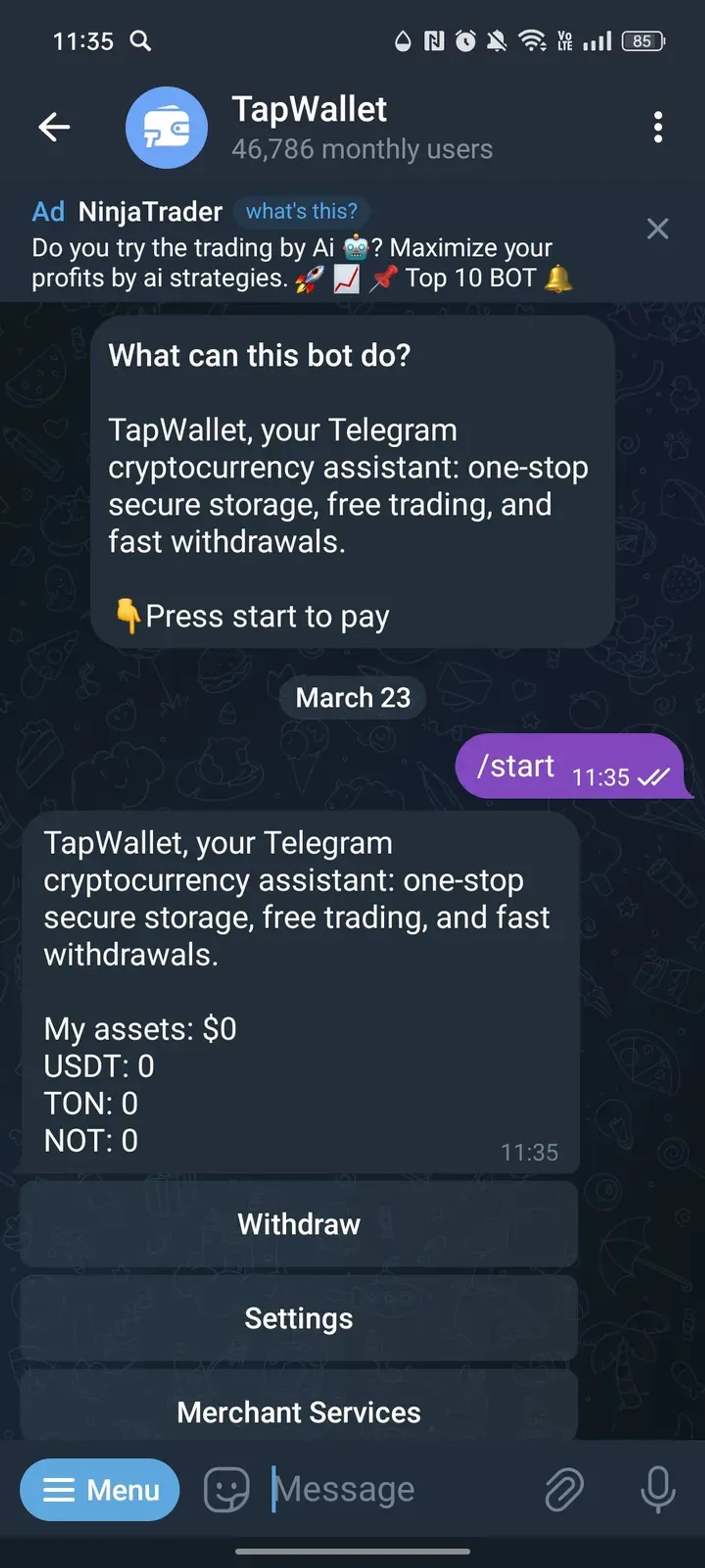TapWallet в Телеграм — скриншот 1
