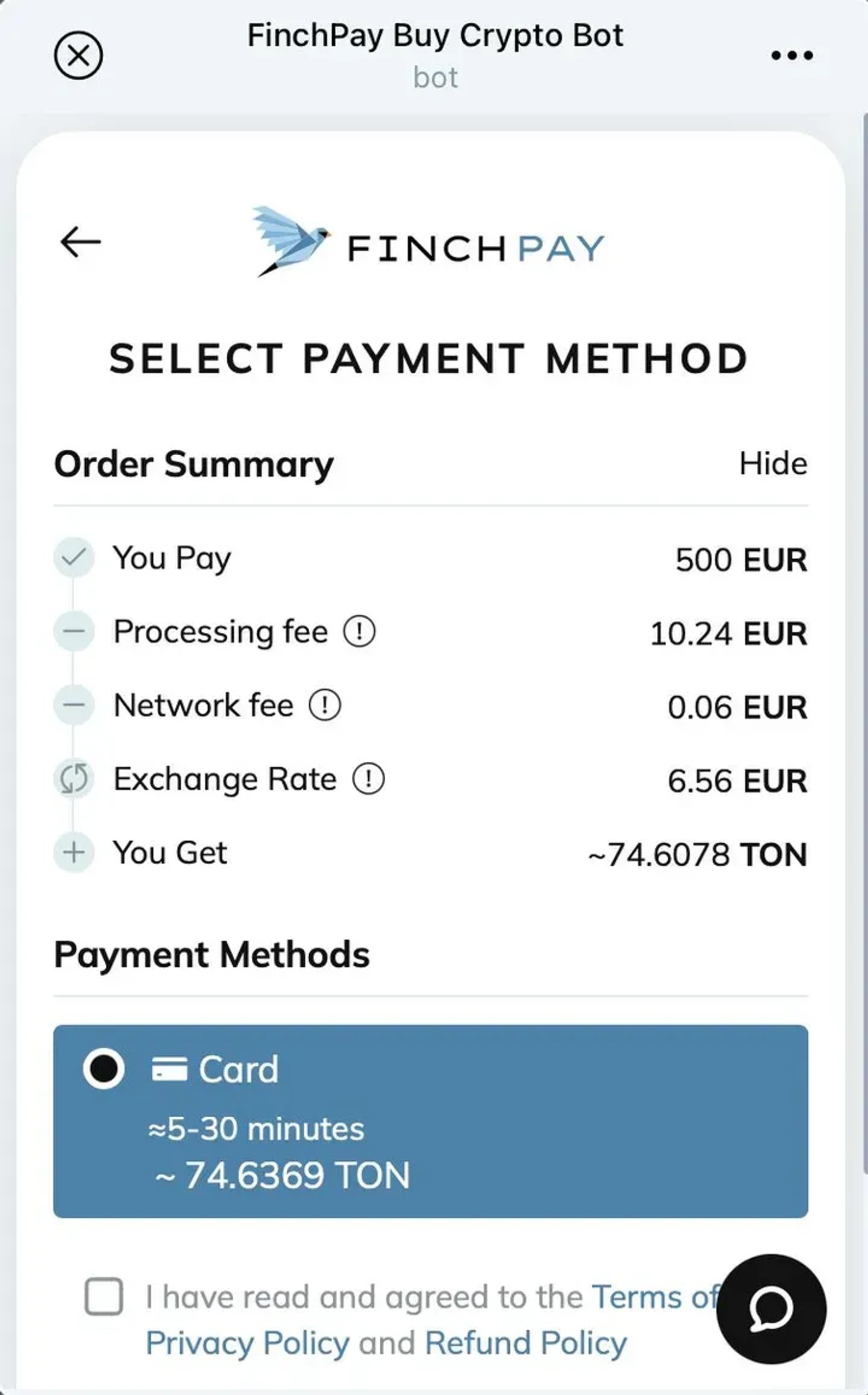 FinchPay Buy Crypto Bot в Телеграм — скриншот 2