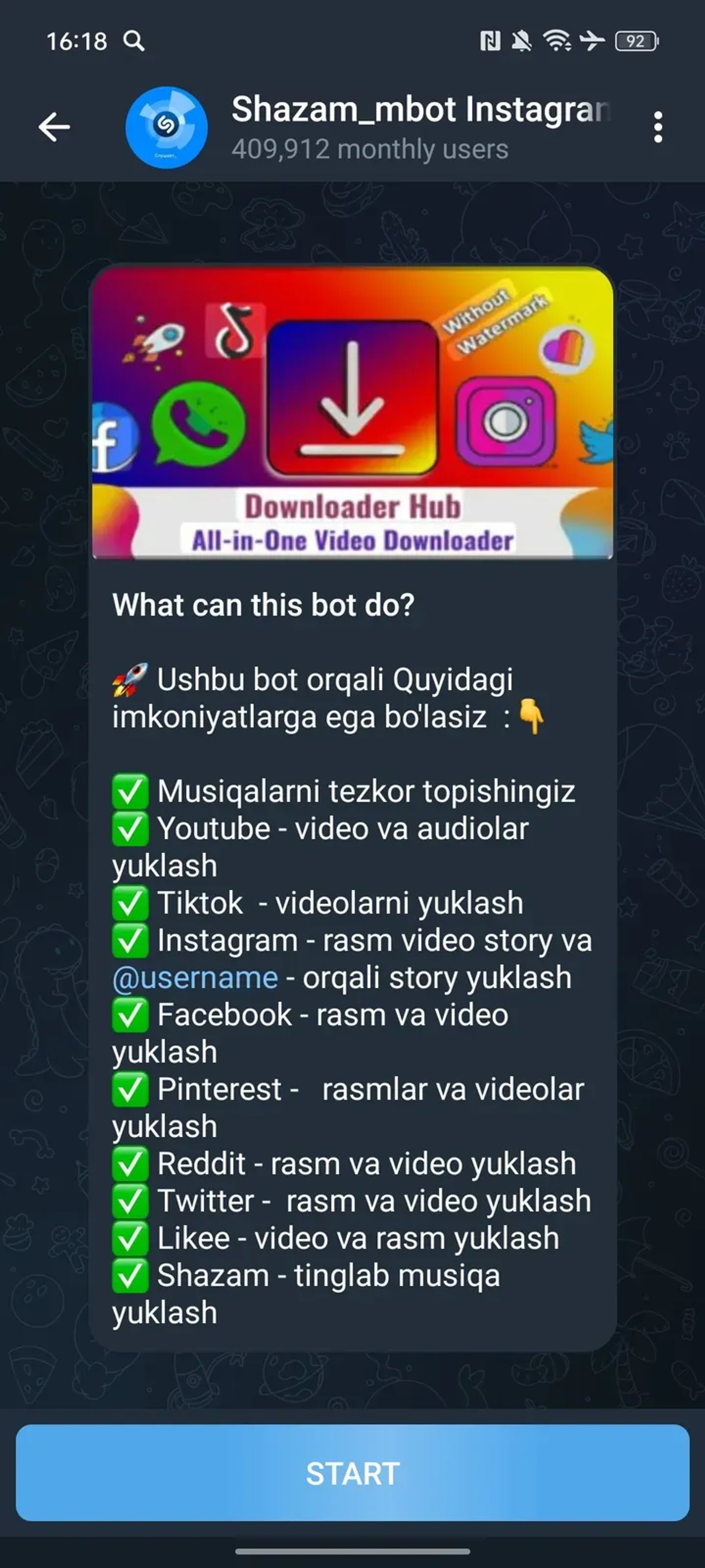 Shazam_mbot Instagram musiqalar tiktok в Телеграм — скриншот 1