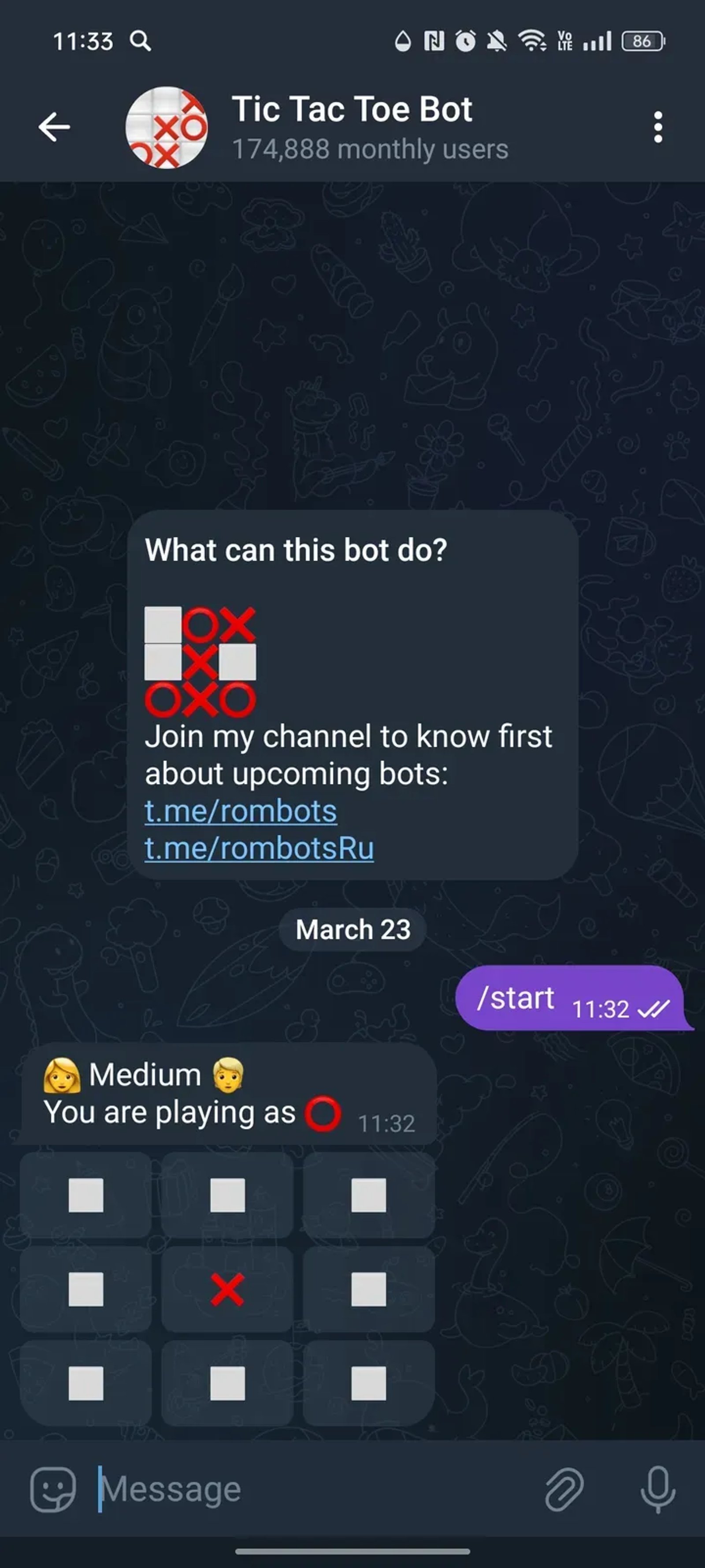 Tic Tac Toe Bot в Телеграм — скриншот 3