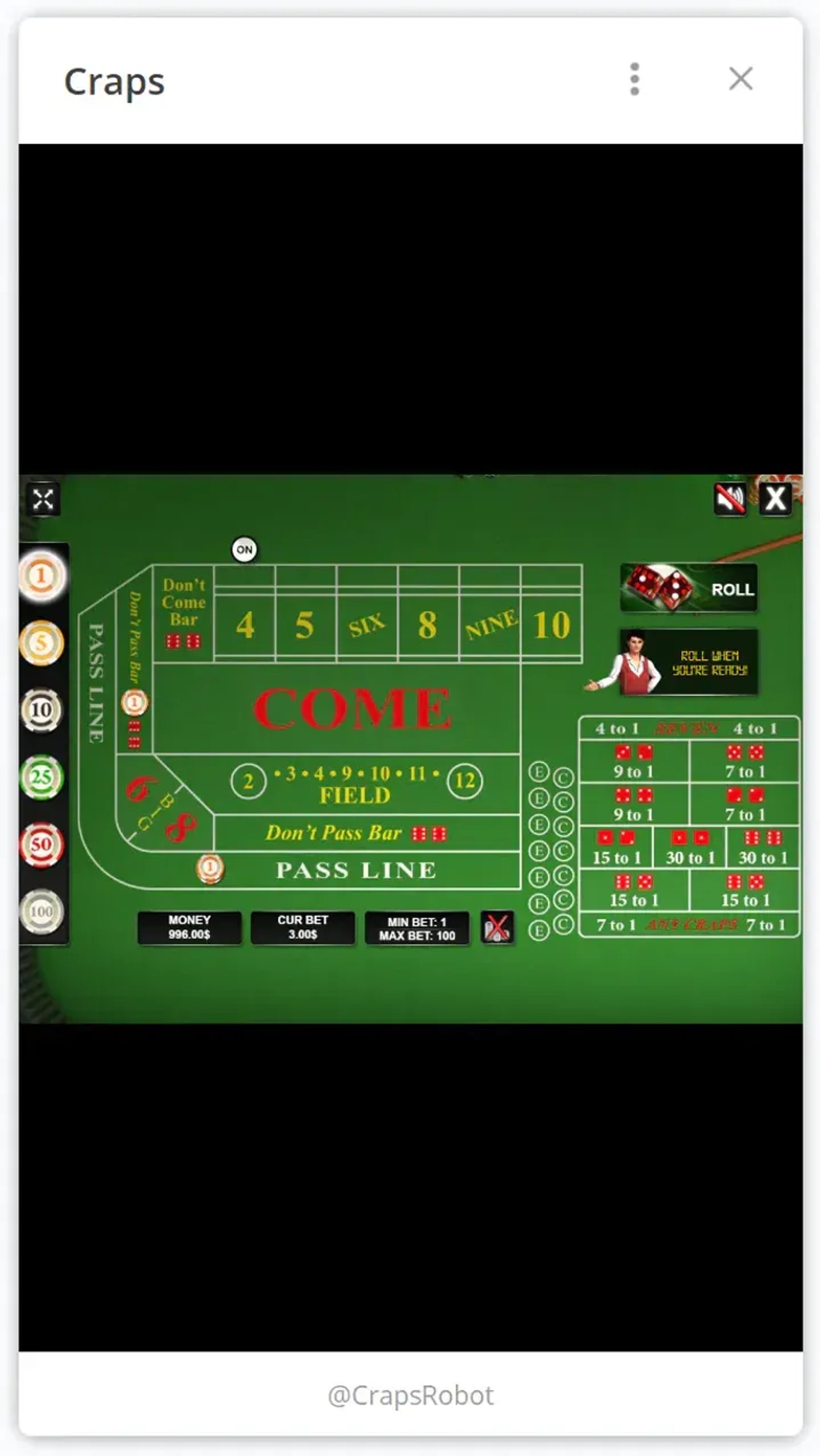 Craps в Телеграм — скриншот 1