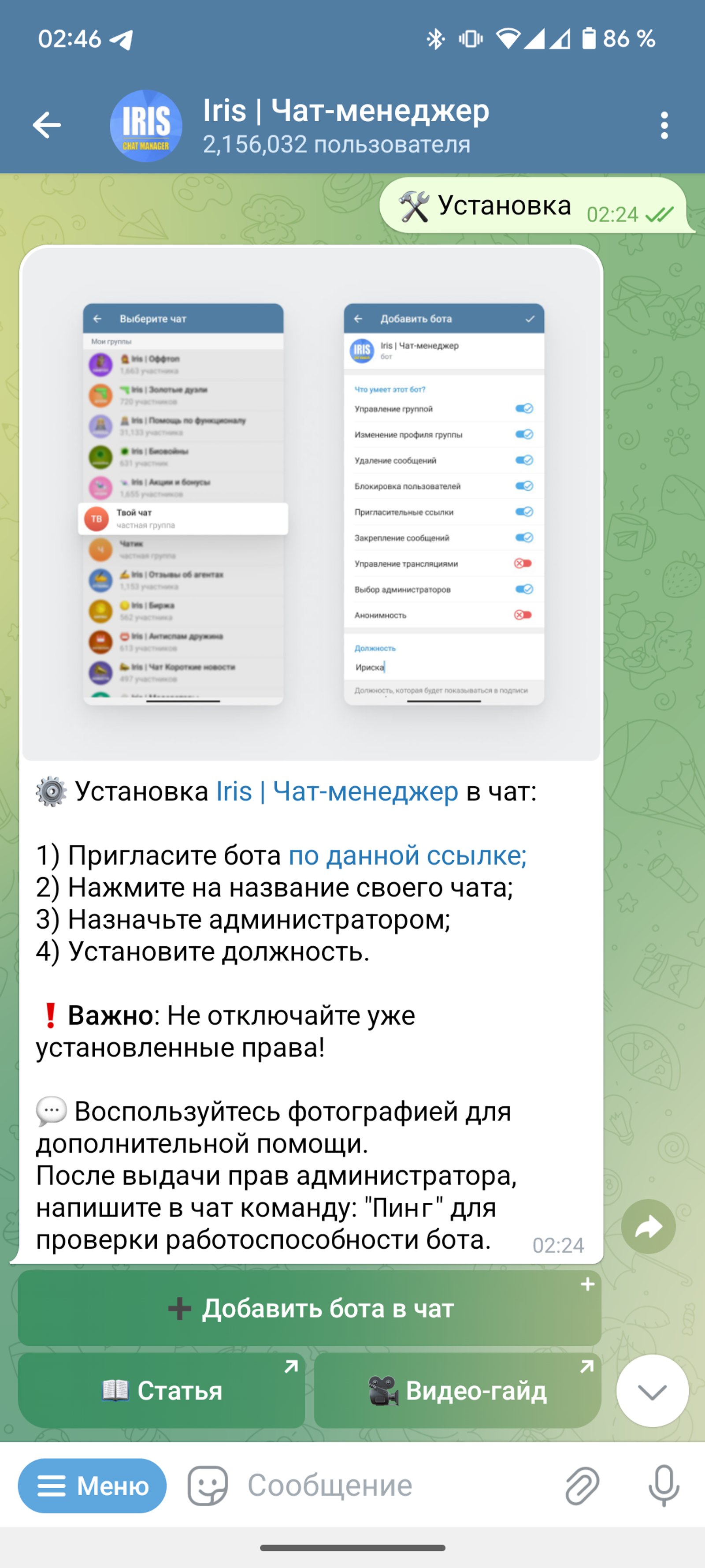Ирис Бот в ТГ Установка