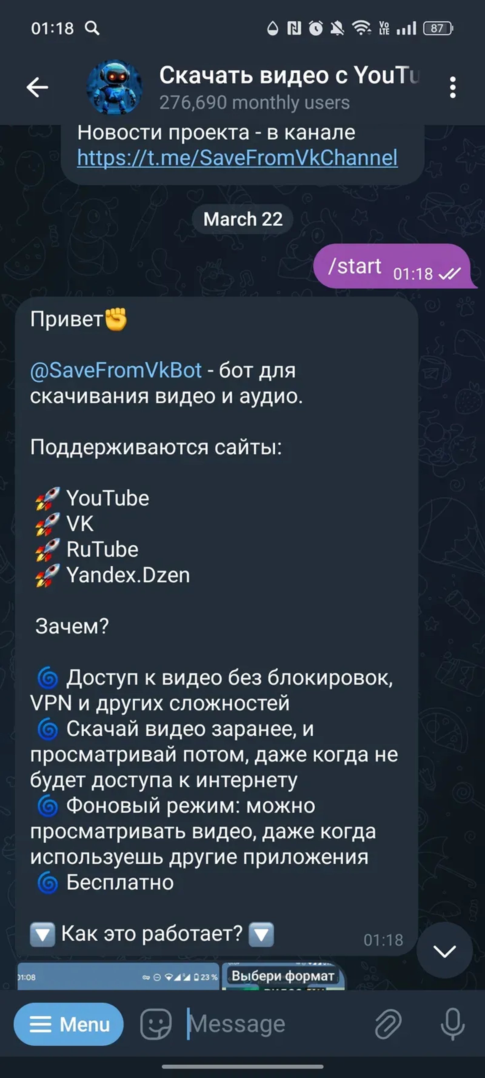 Скачать из YouTube Рутуба Ютуба Вк в Телеграм — скриншот 2