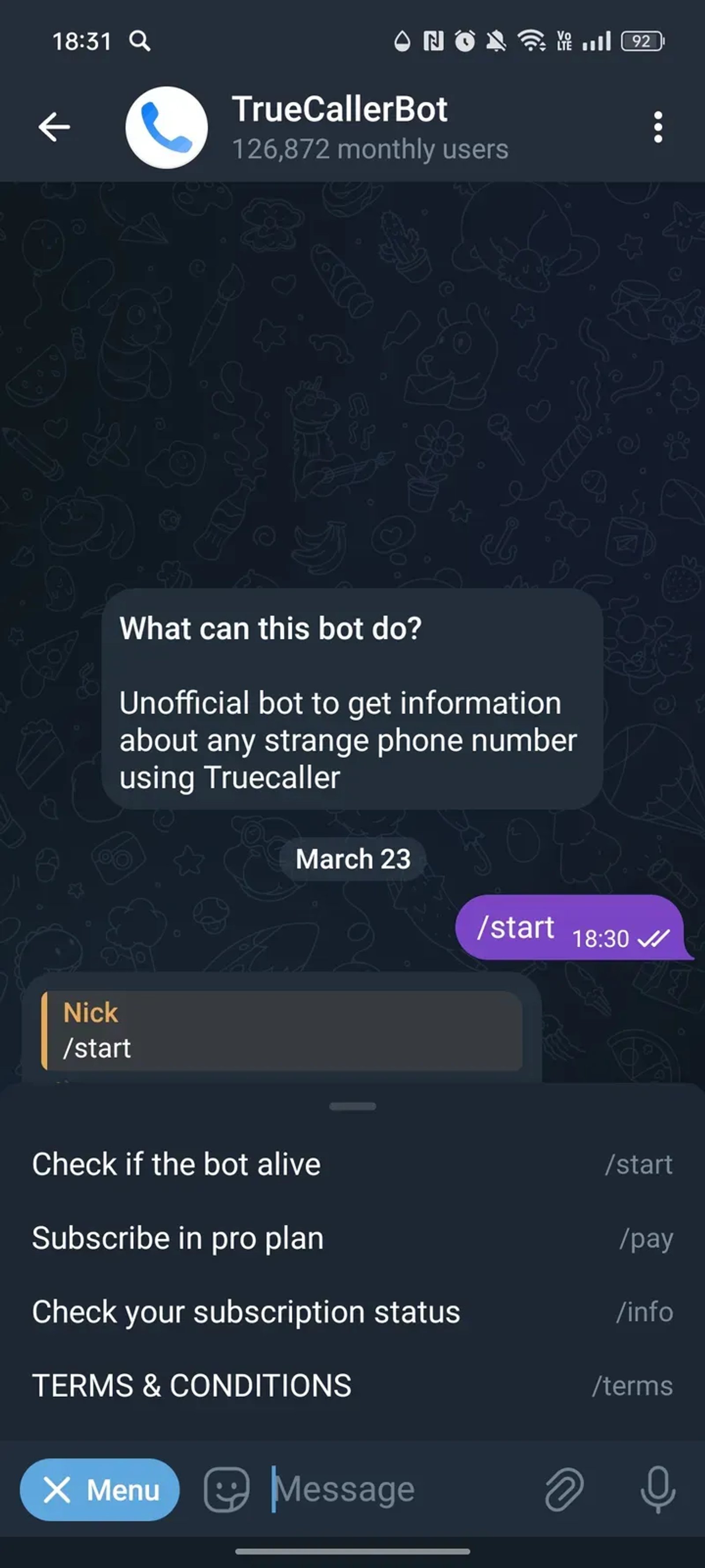 TrueCallerBot в Телеграм — скриншот 2