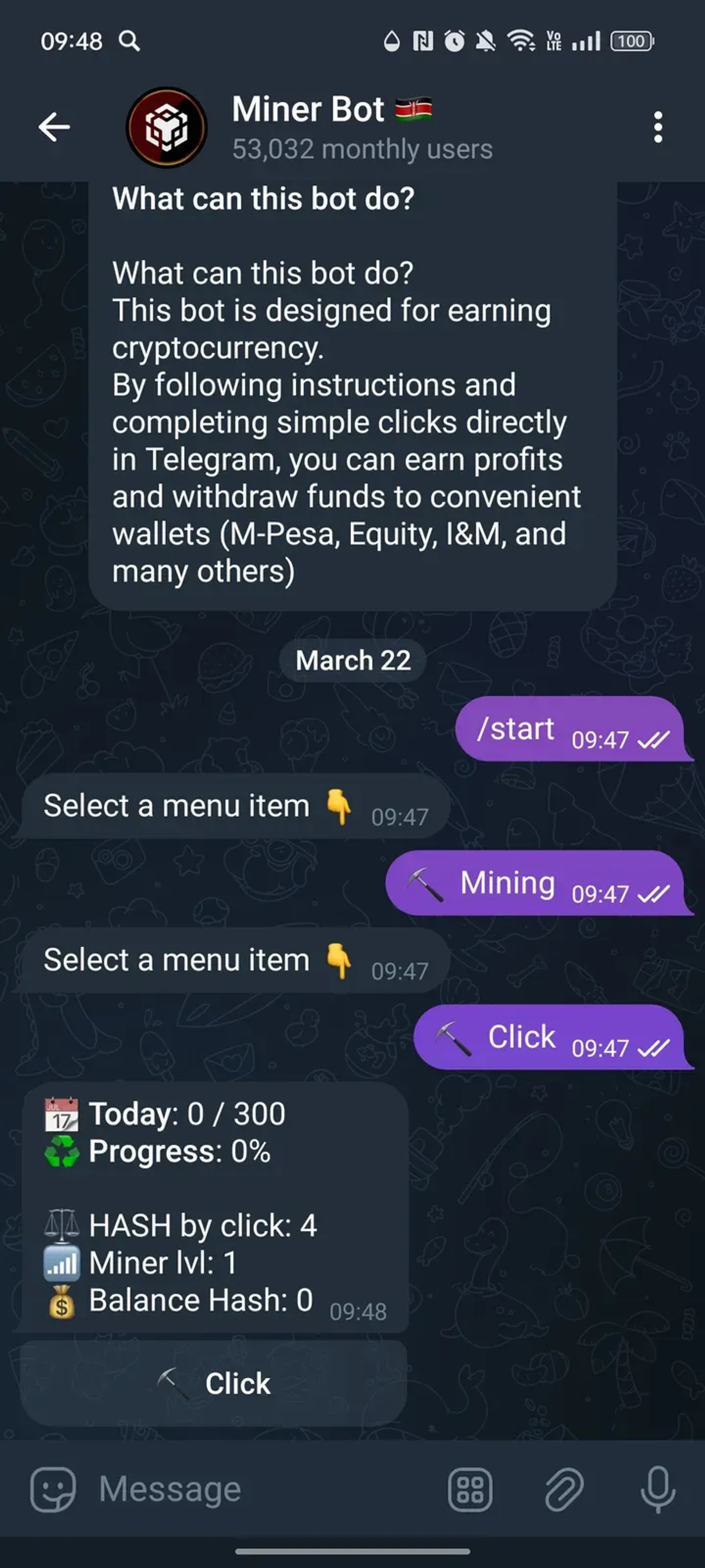 Minеr Bot 🇰🇪 в Телеграм — скриншот 3