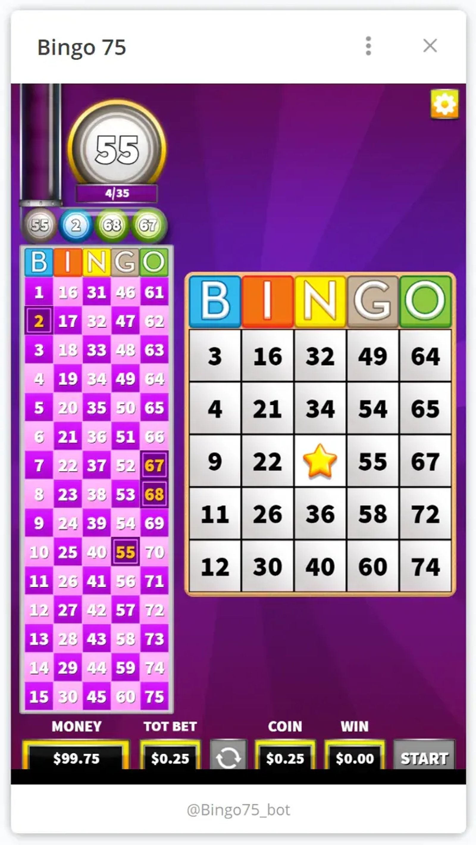 Bingo 75 в Телеграм — скриншот 1