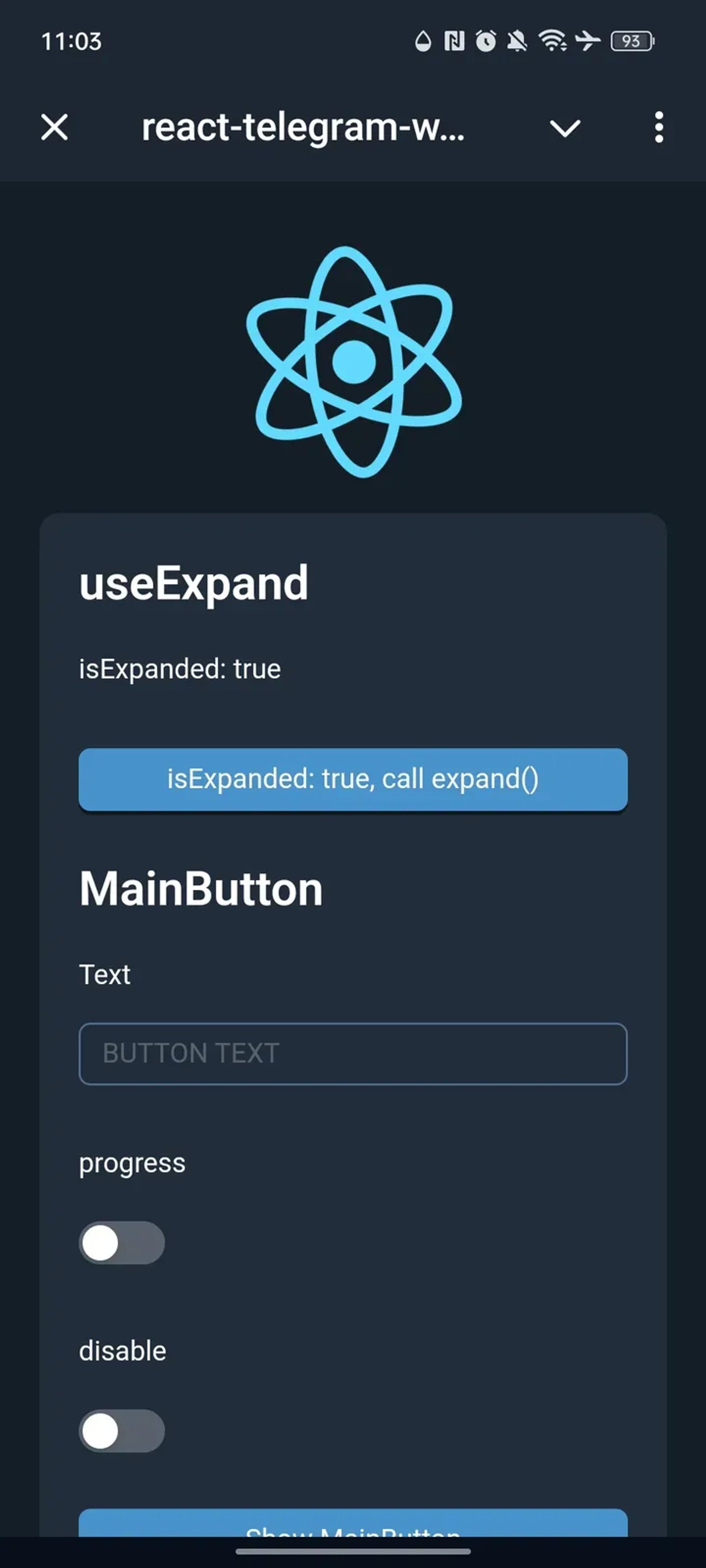 react-telegram-web-app в Телеграм — скриншот 1