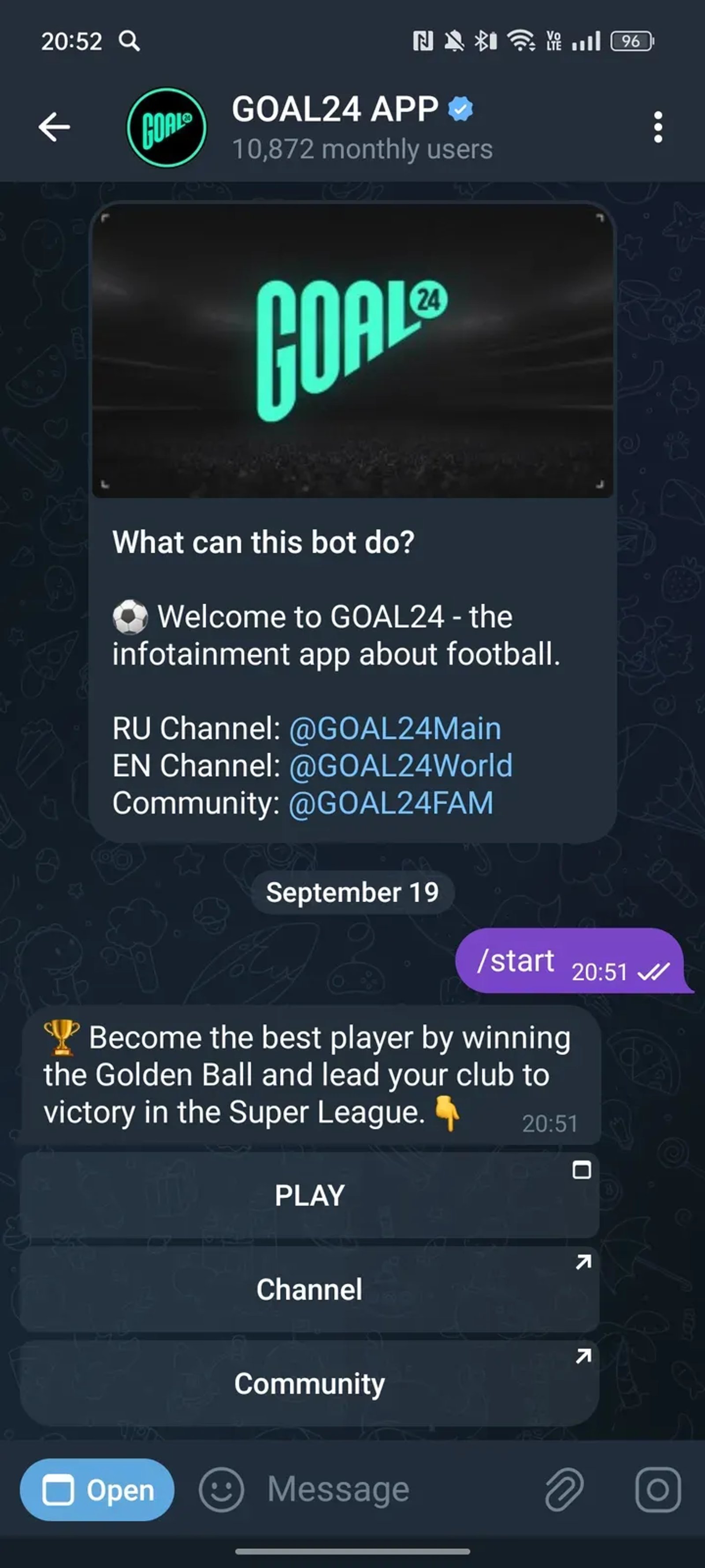 GOAL24 APP ✔ в Telegram — скриншот 2
