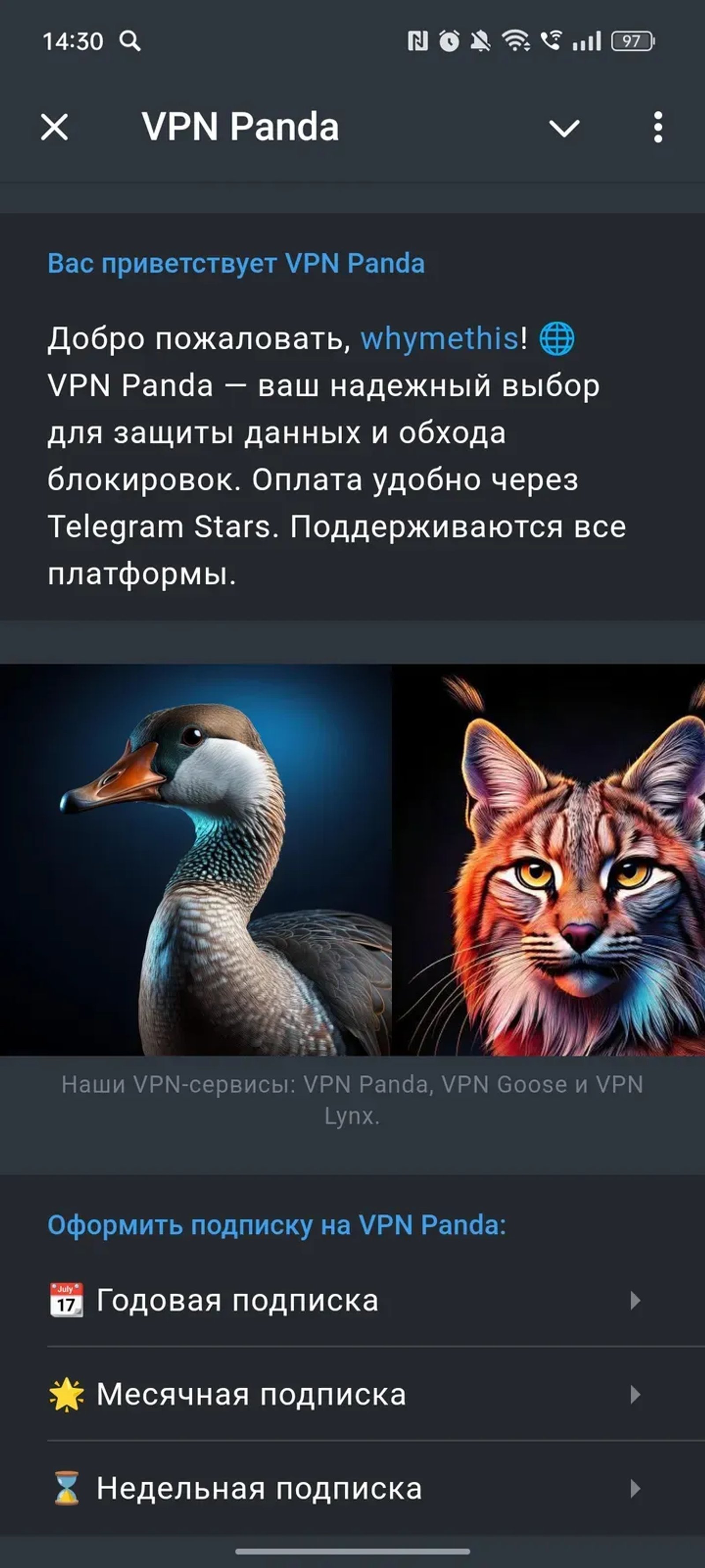 VPN Panda в Телеграм — скриншот 1
