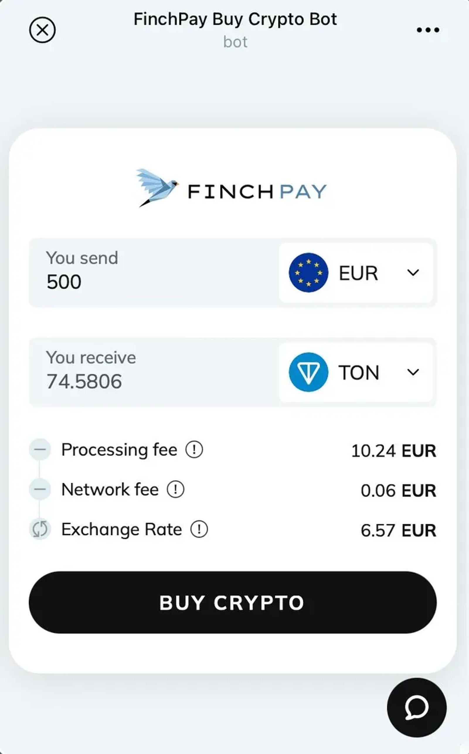 FinchPay Buy Crypto Bot в Телеграм — скриншот 1