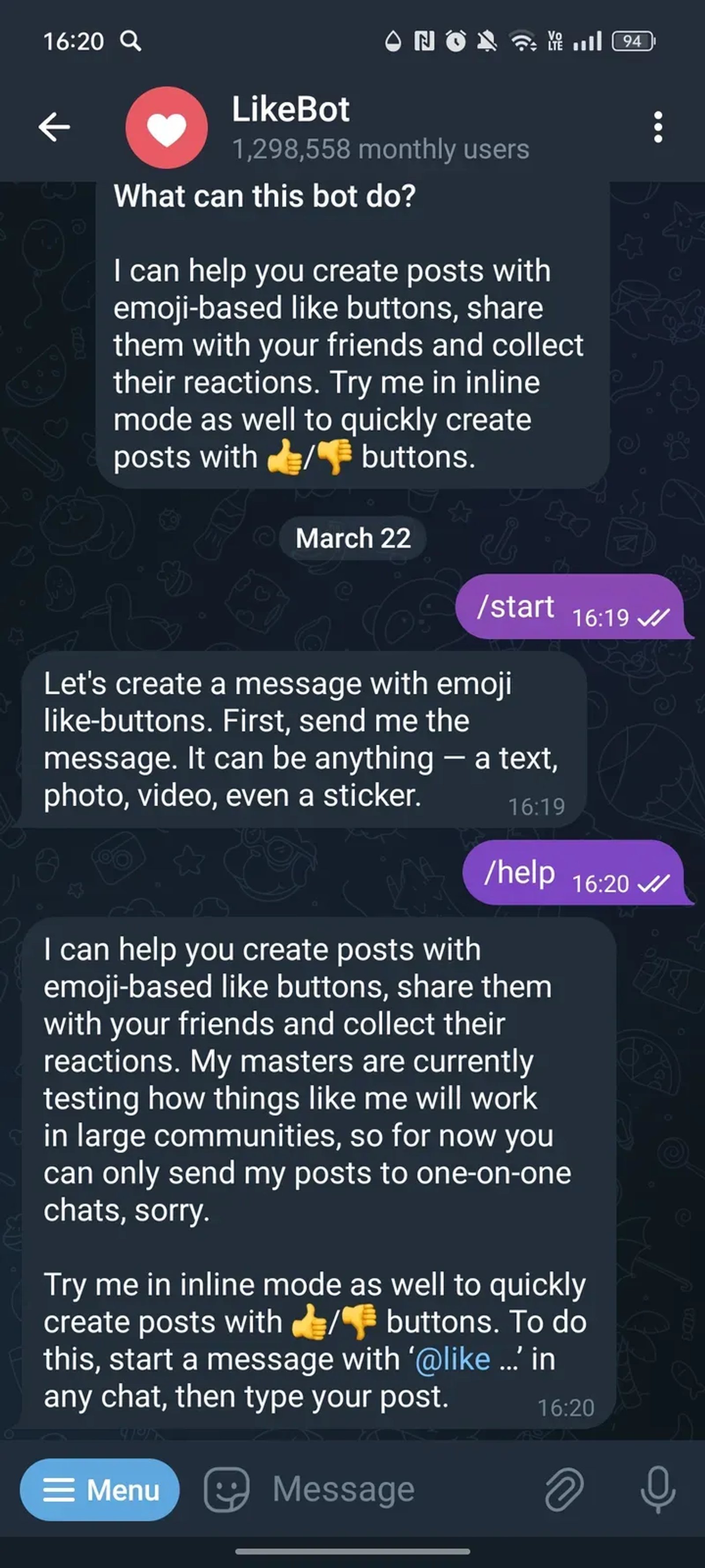 LikeBot в Телеграм — скриншот 3