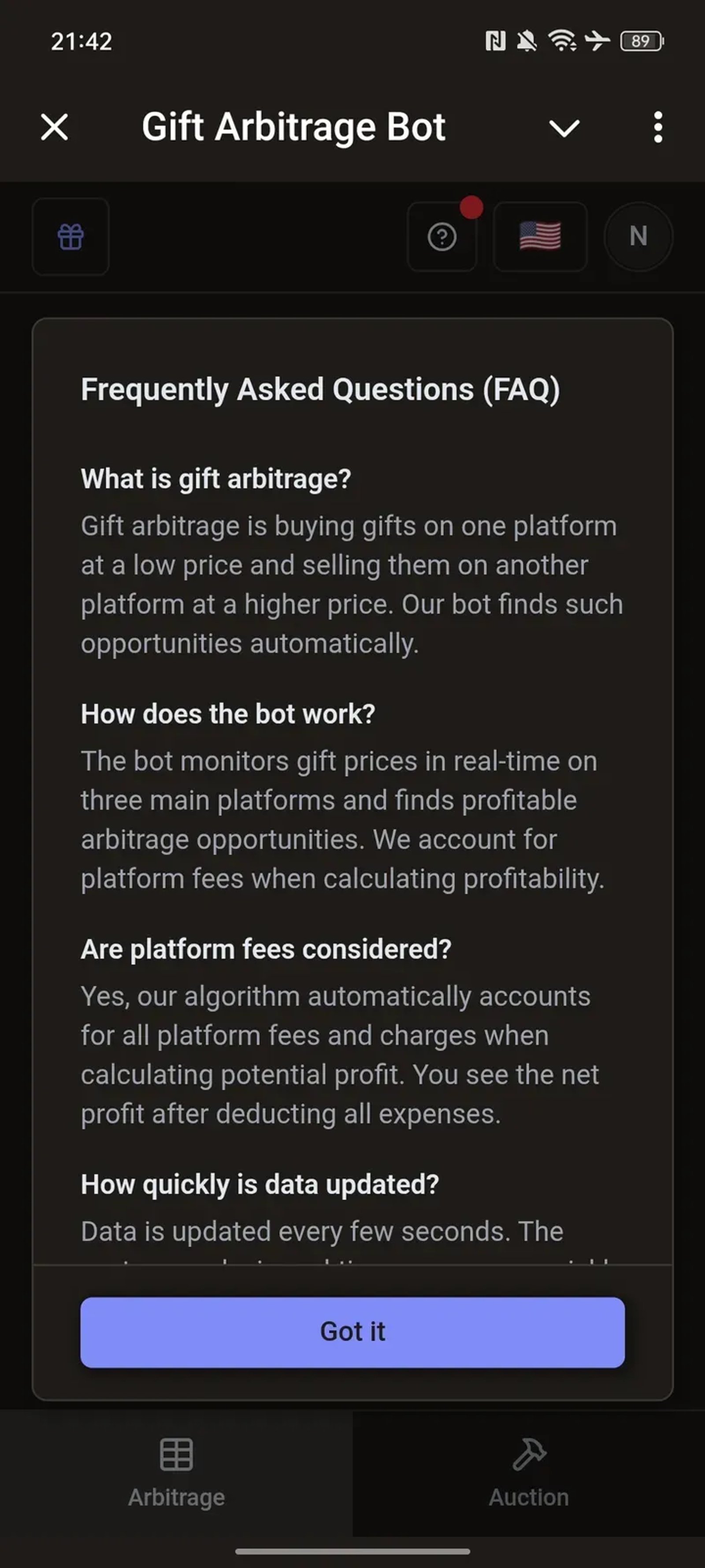 Gift Arbitrage Bot в Телеграм — скриншот 2