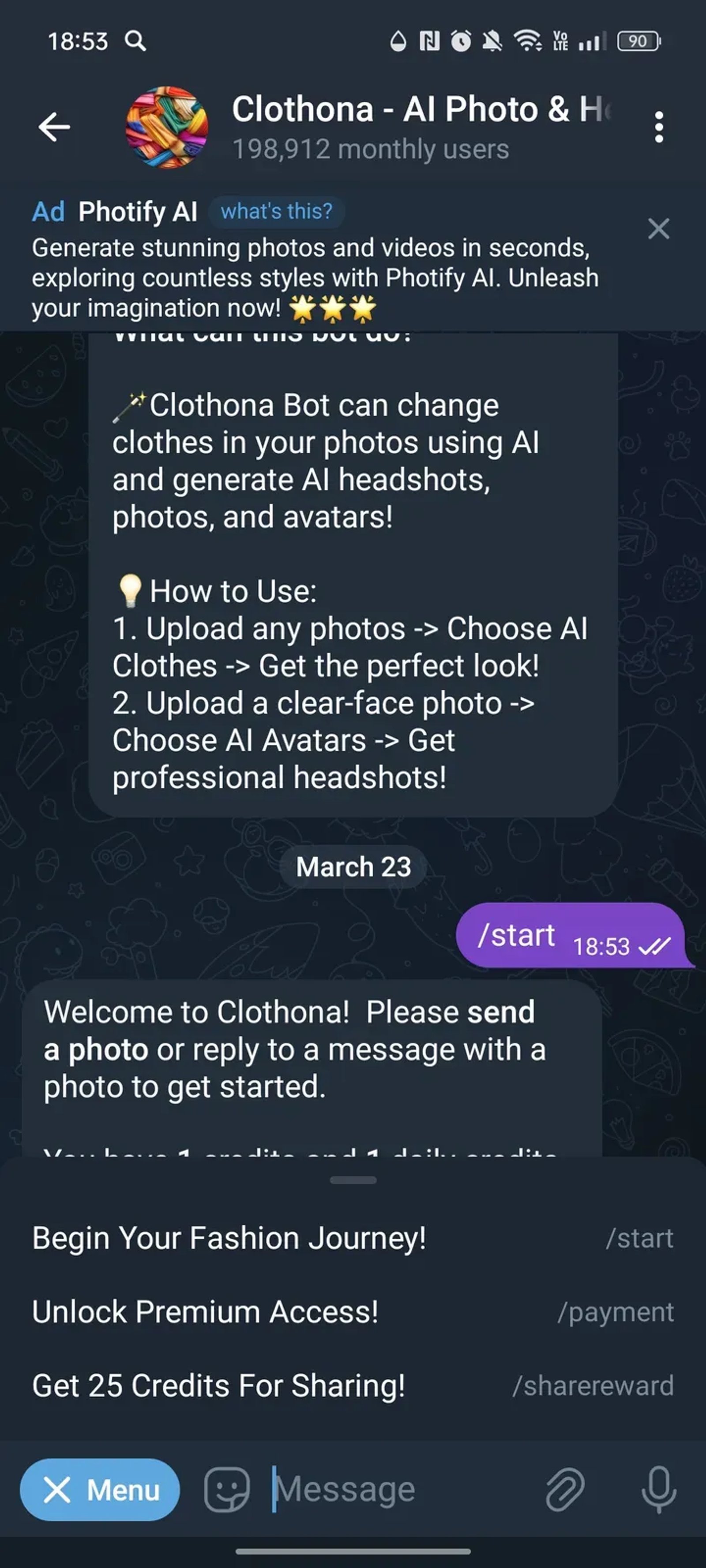 Clothona - AI Photo & Headshot Generator Telegram Screenshot 3