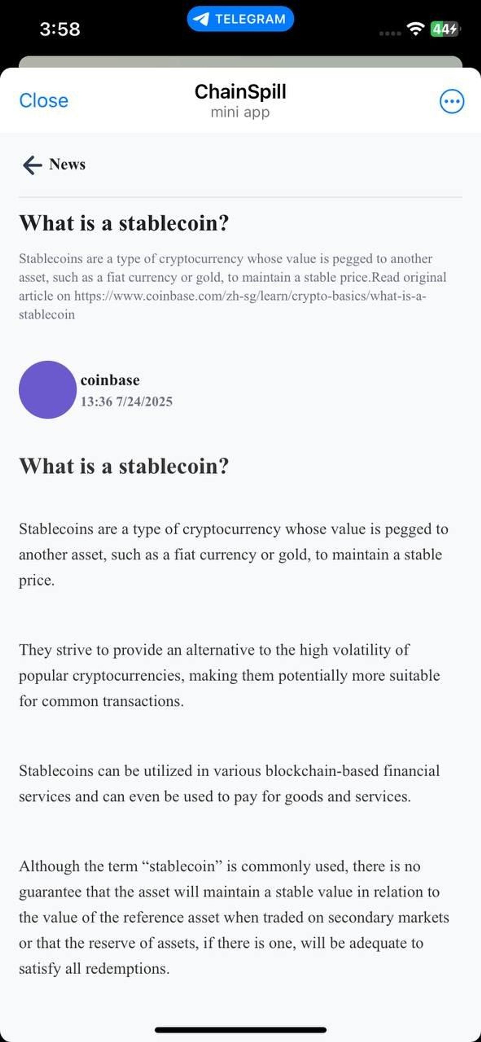 ChainSpill в Telegram — скриншот 3