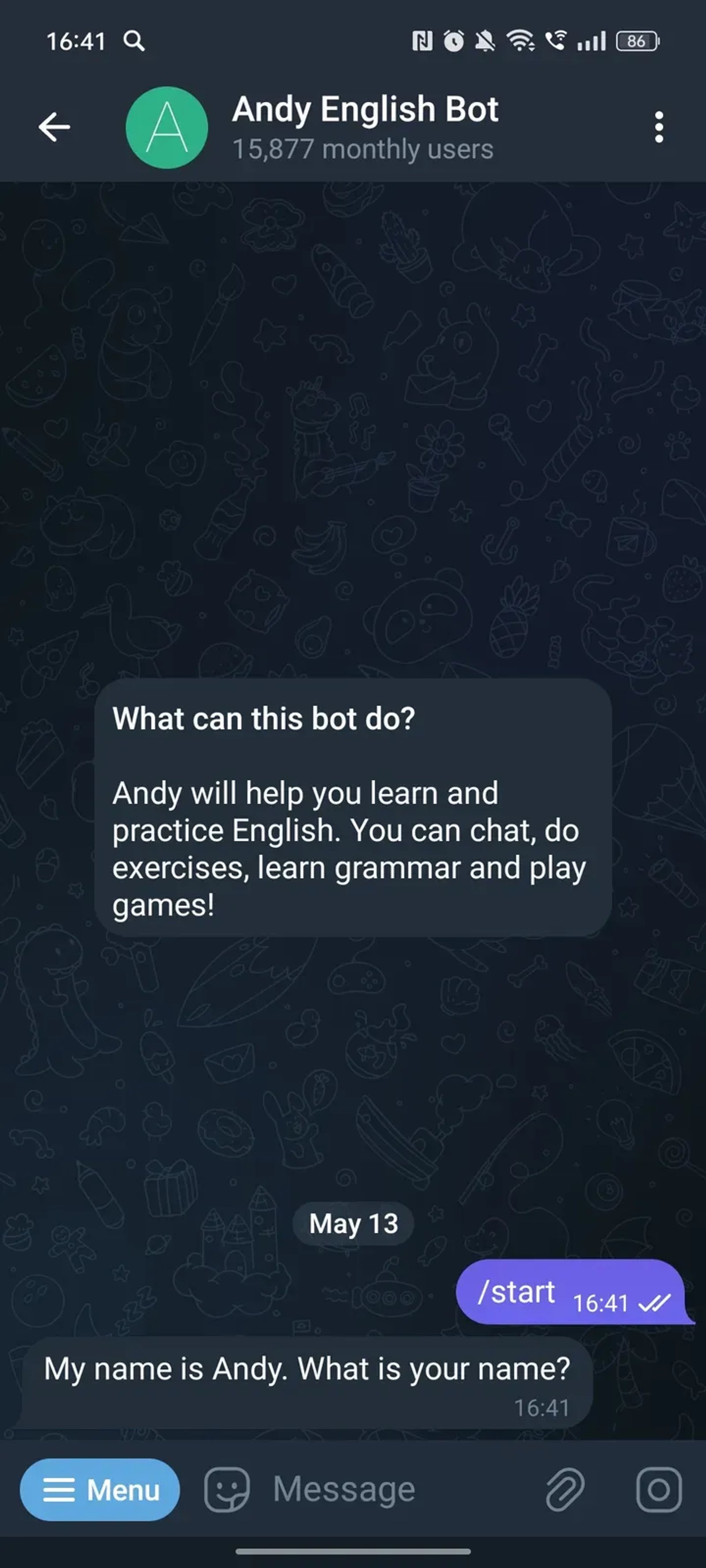 Andy English Bot в Телеграм — скриншот 2
