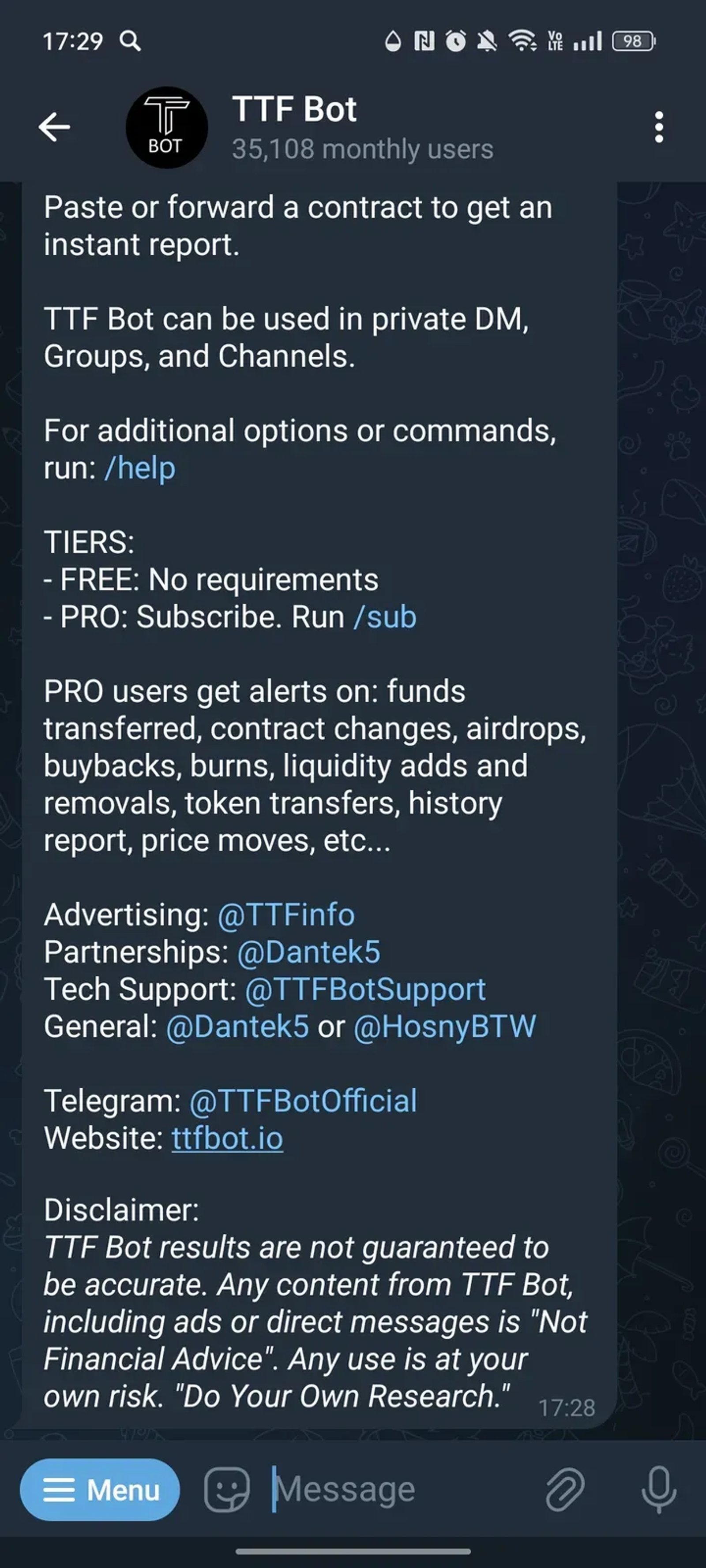 TTF Bot в Телеграм — скриншот 2