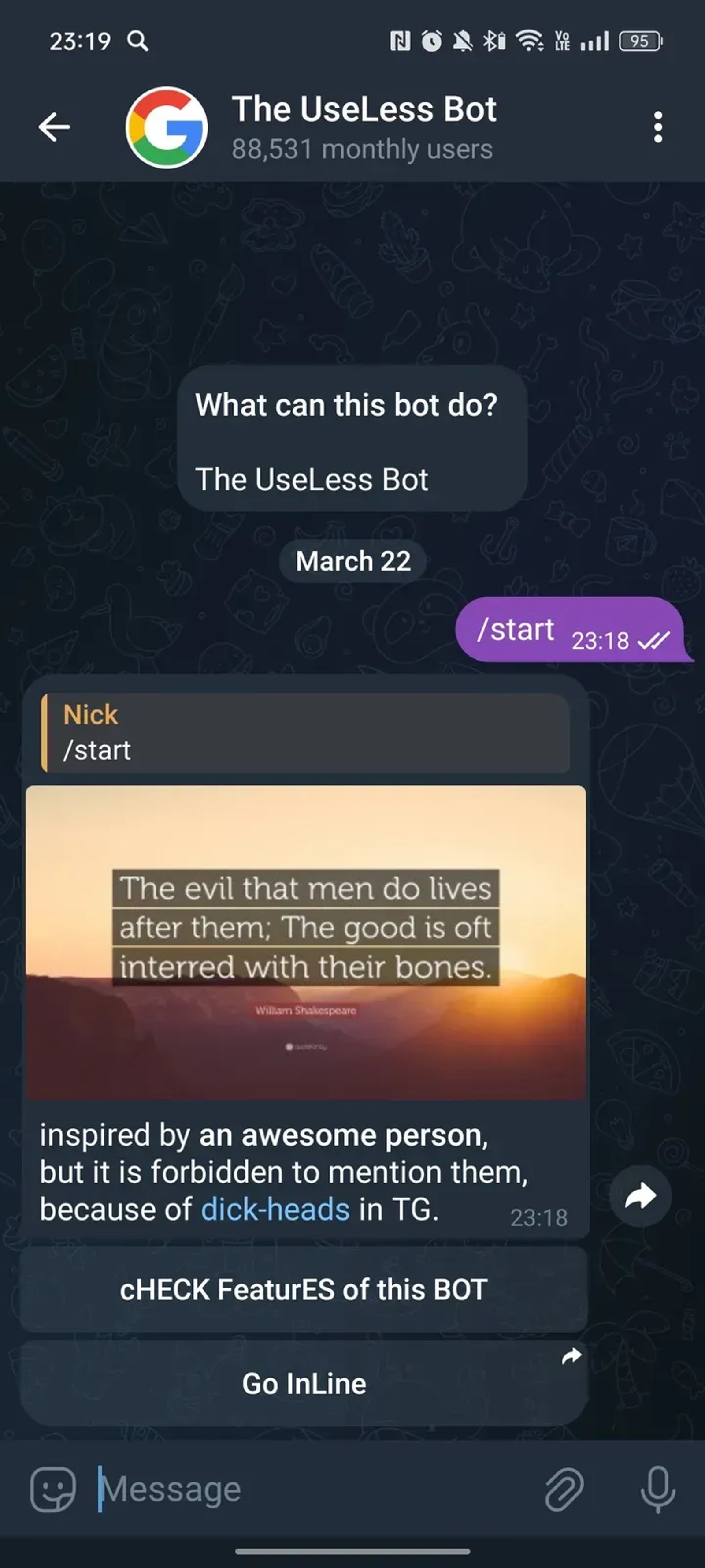 The UseLess Bot в Телеграм — скриншот 1
