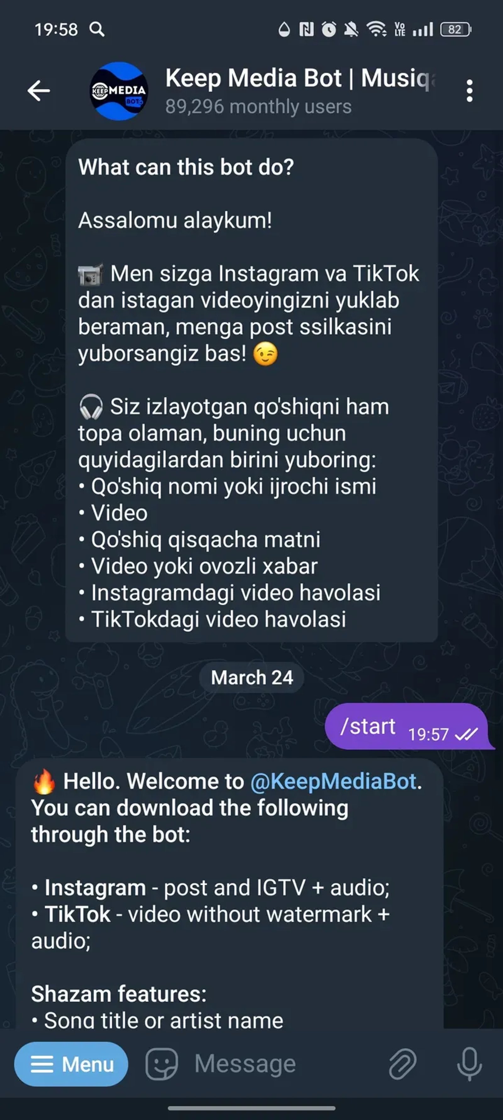 Keep Media Bot | Musiqalar | Instagram | TikTok в Телеграм — скриншот 1
