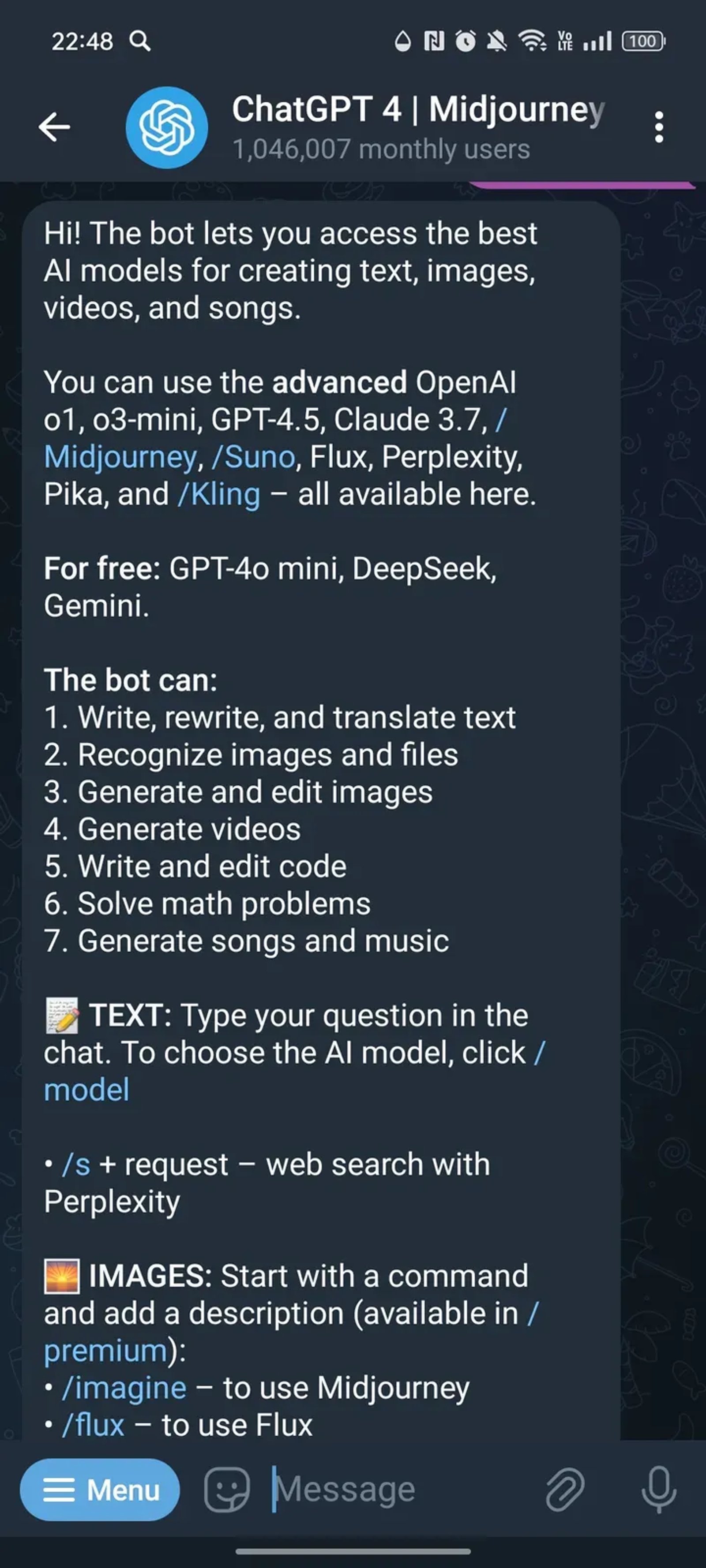 ChatGPT 4 | Midjourney | Claude | Veo3 в Телеграм — скриншот 2