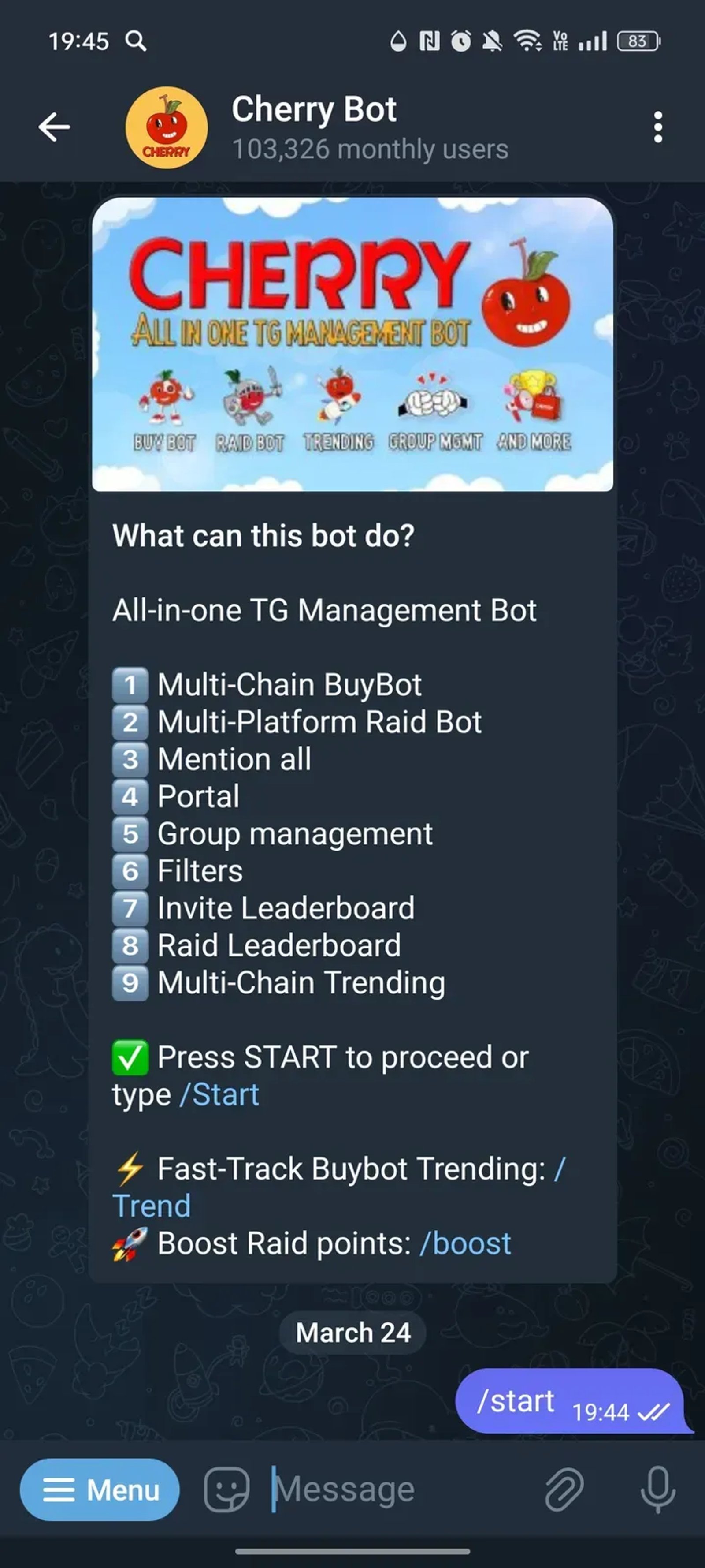 Cherry Bot в Телеграм — скриншот 1