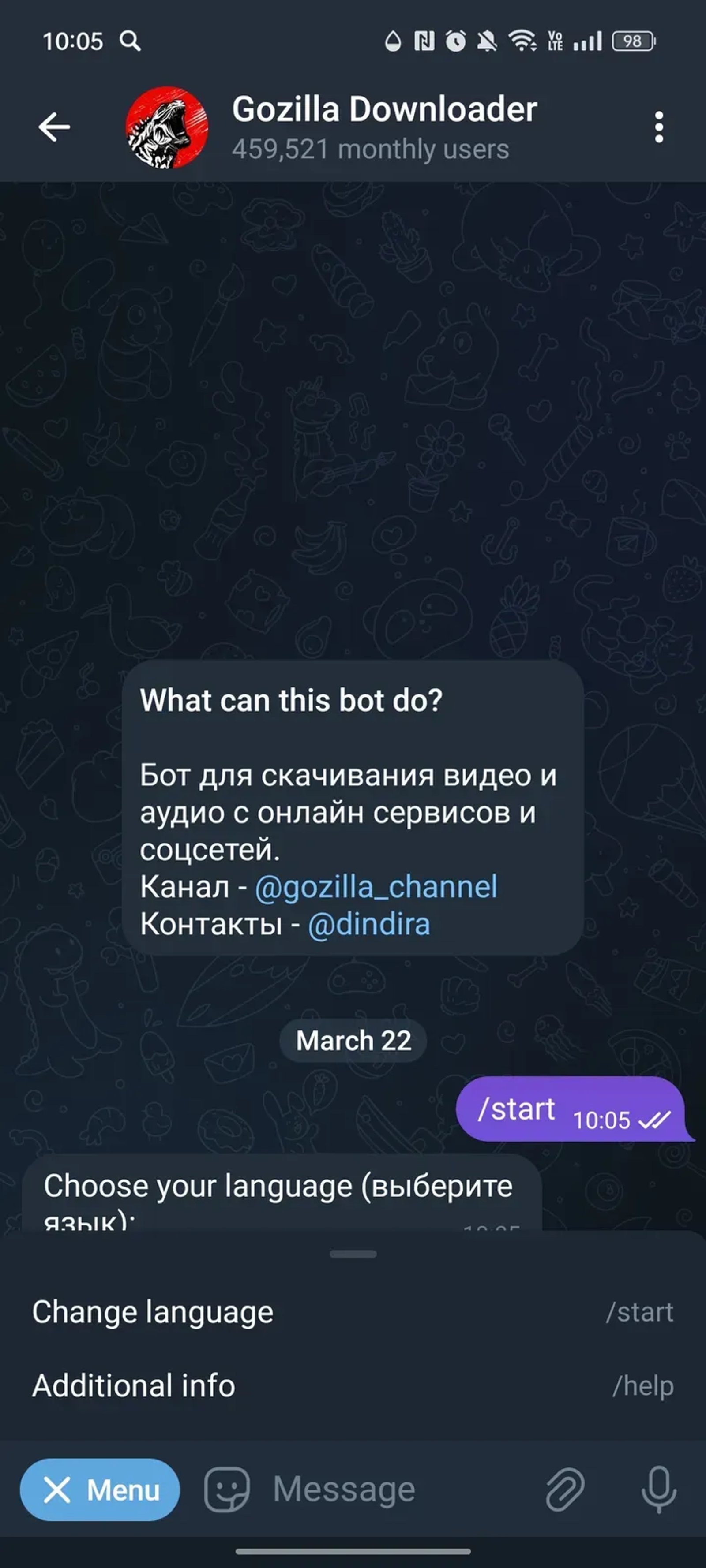 Gozilla Downloader в Телеграм — скриншот 2