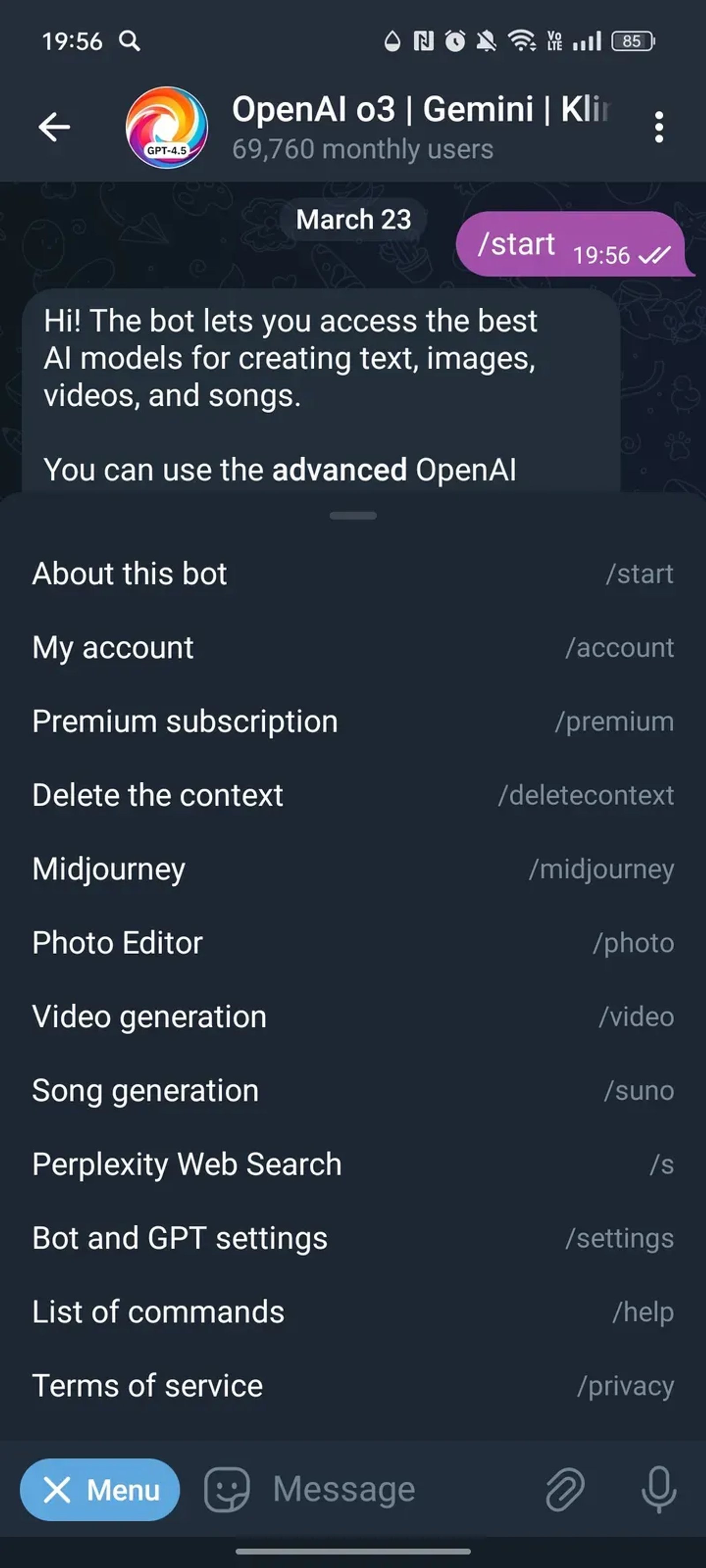 OpenAI o3 | Gemini | Kling | Suno в Телеграм — скриншот 3