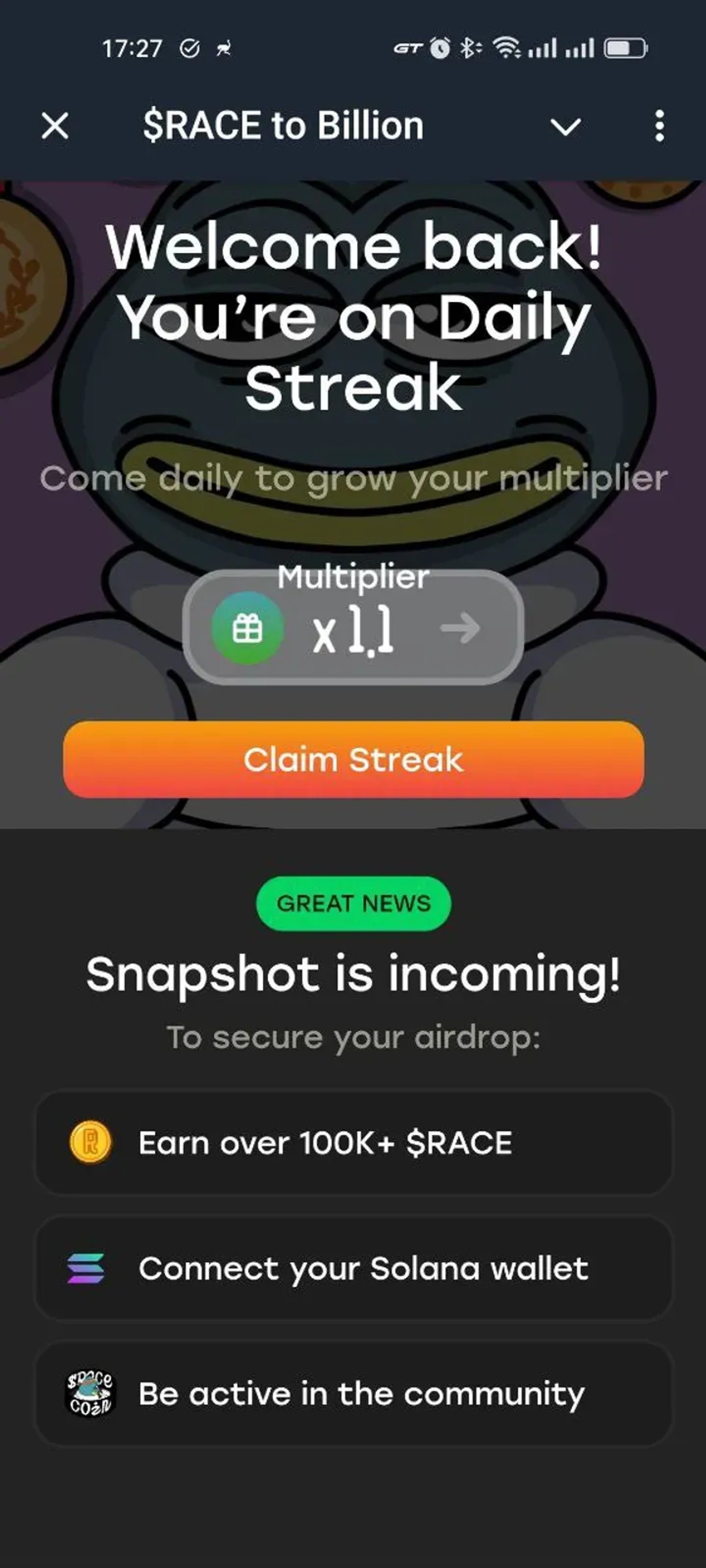 $RACE to Billion в Телеграм — скриншот 3