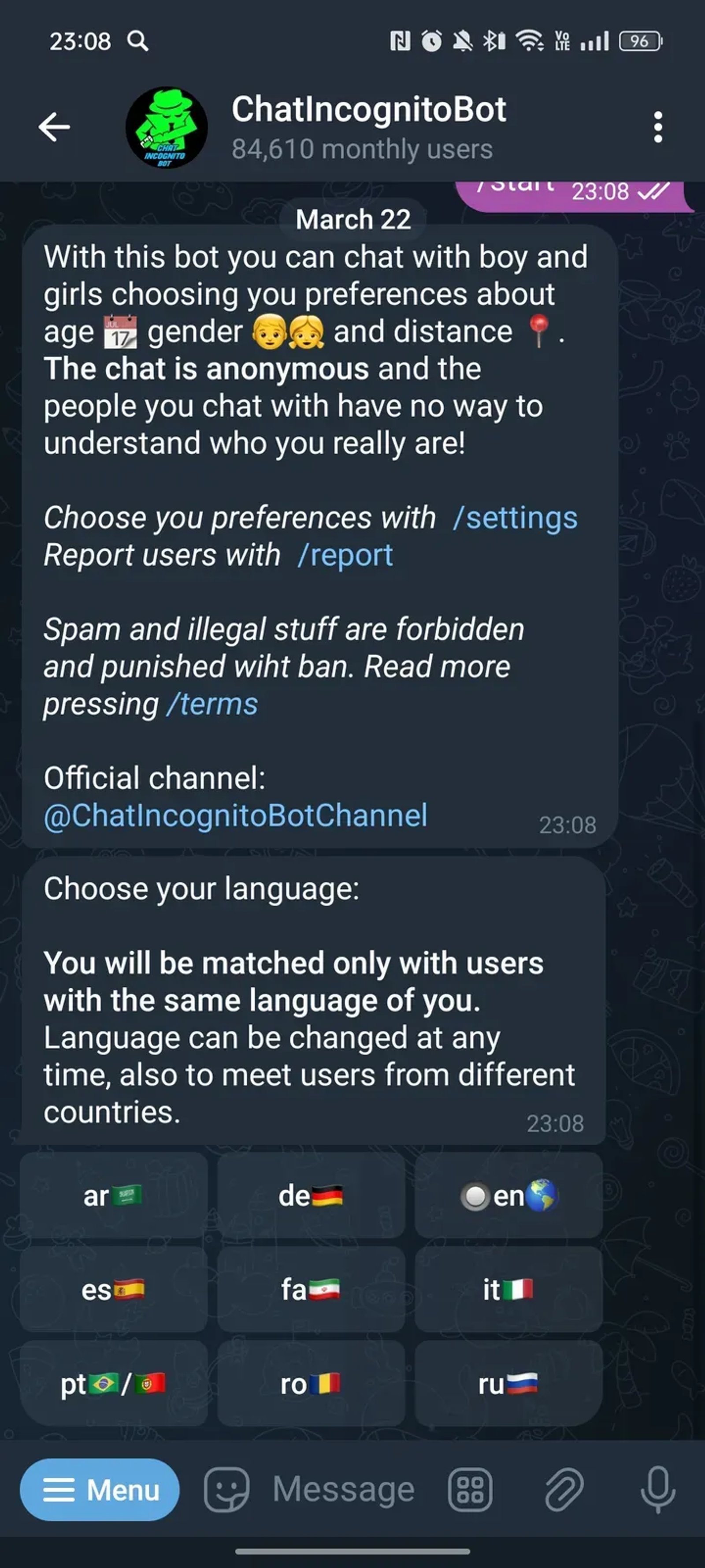 ChatIncognitoBot в Телеграм — скриншот 2
