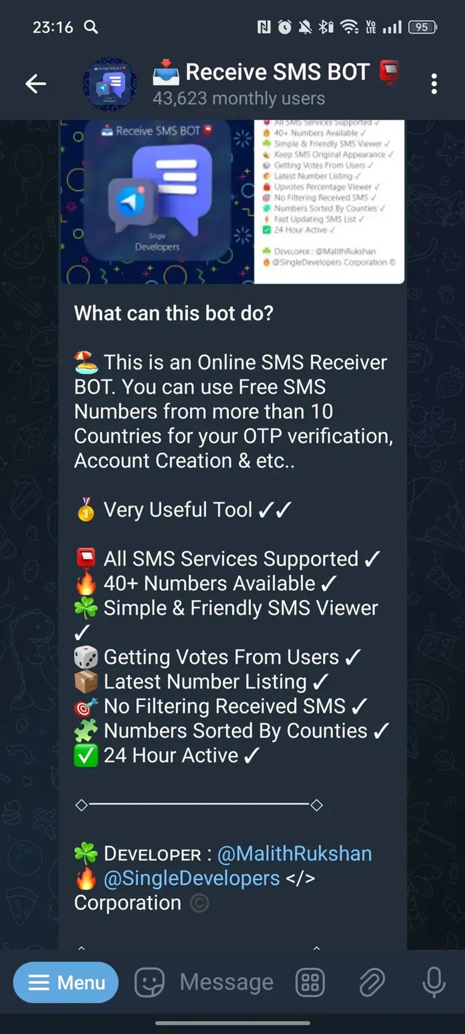 📥 Receive SMS BOT 📮 в Телеграм — скриншот 1