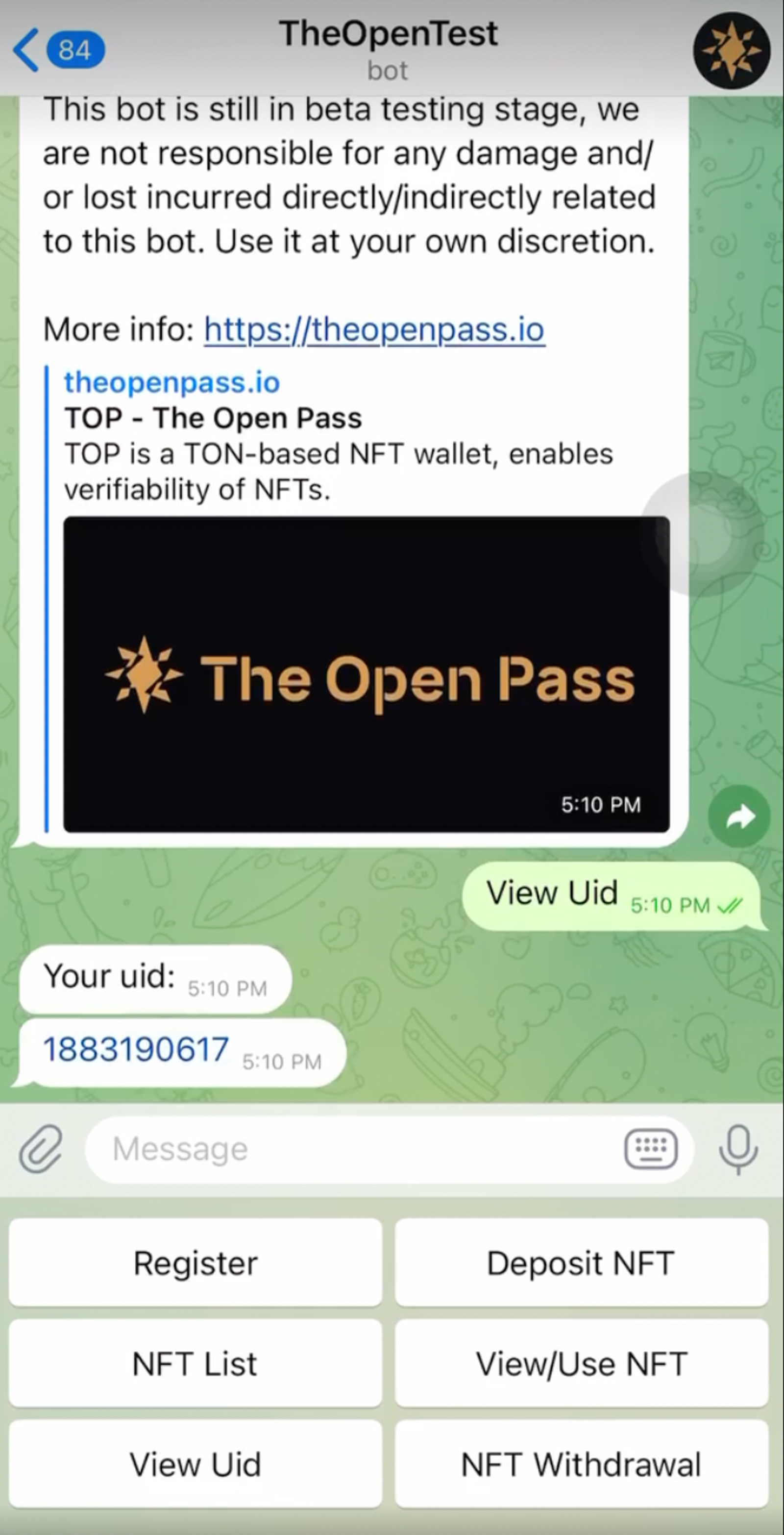 The Open Test Bot в Телеграм — скриншот 3