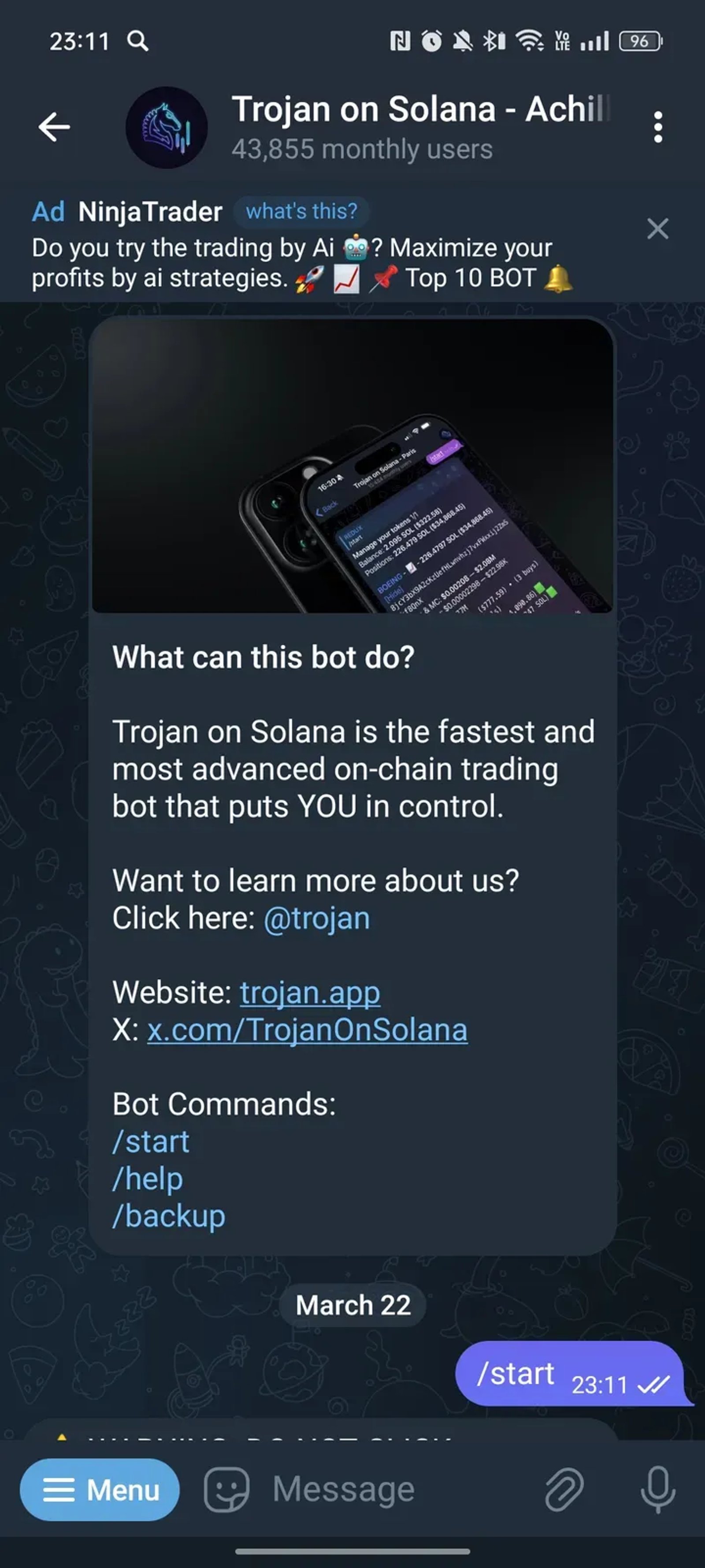 Trojan on Solana - Achilles в Телеграм — скриншот 1
