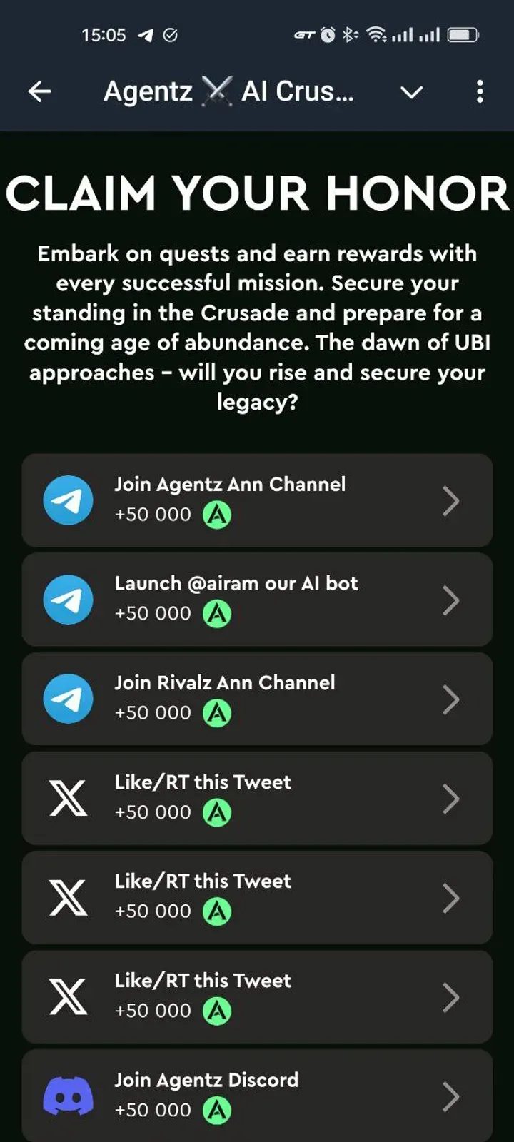 Agentz ⚔️ AI Crusade Telegram Screenshot 1
