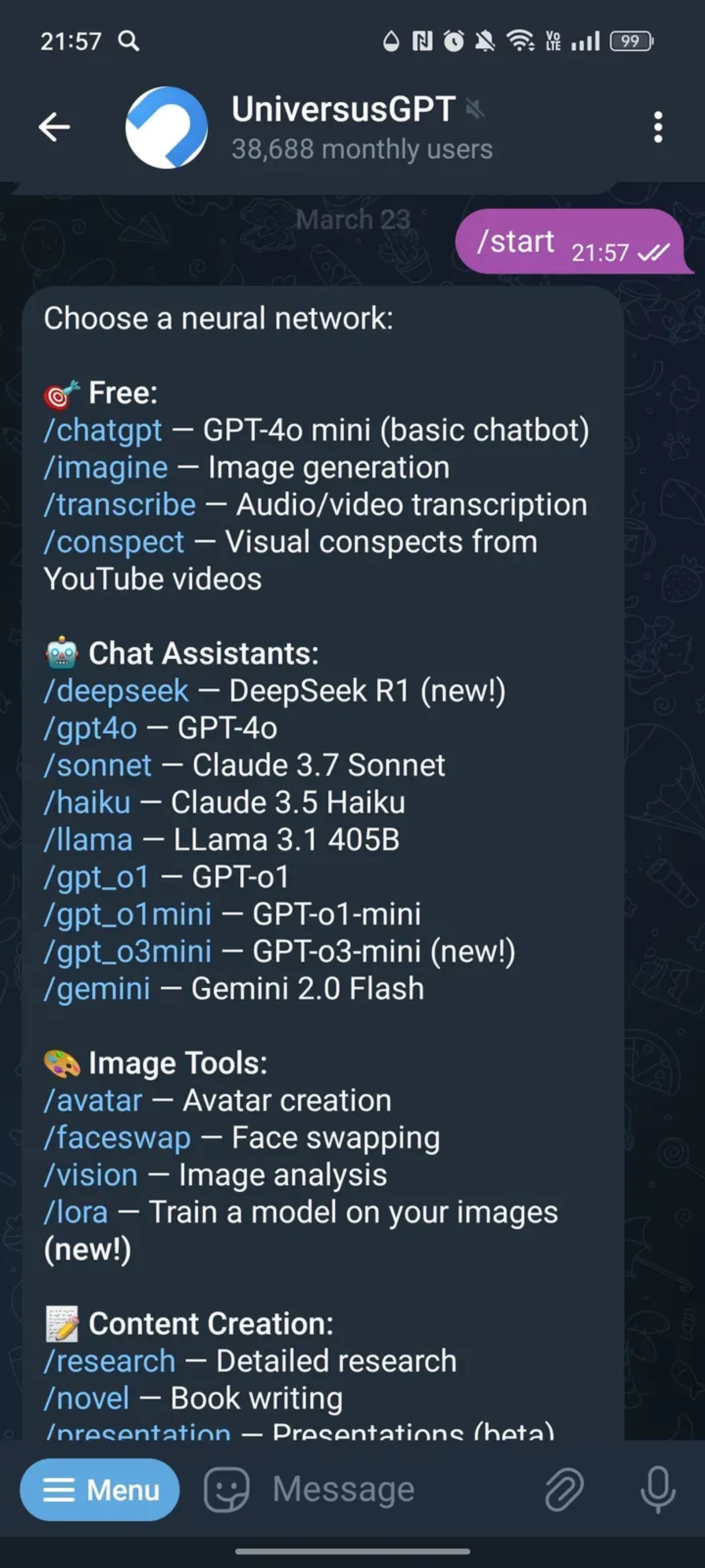 UniversusGPT в Телеграм — скриншот 1