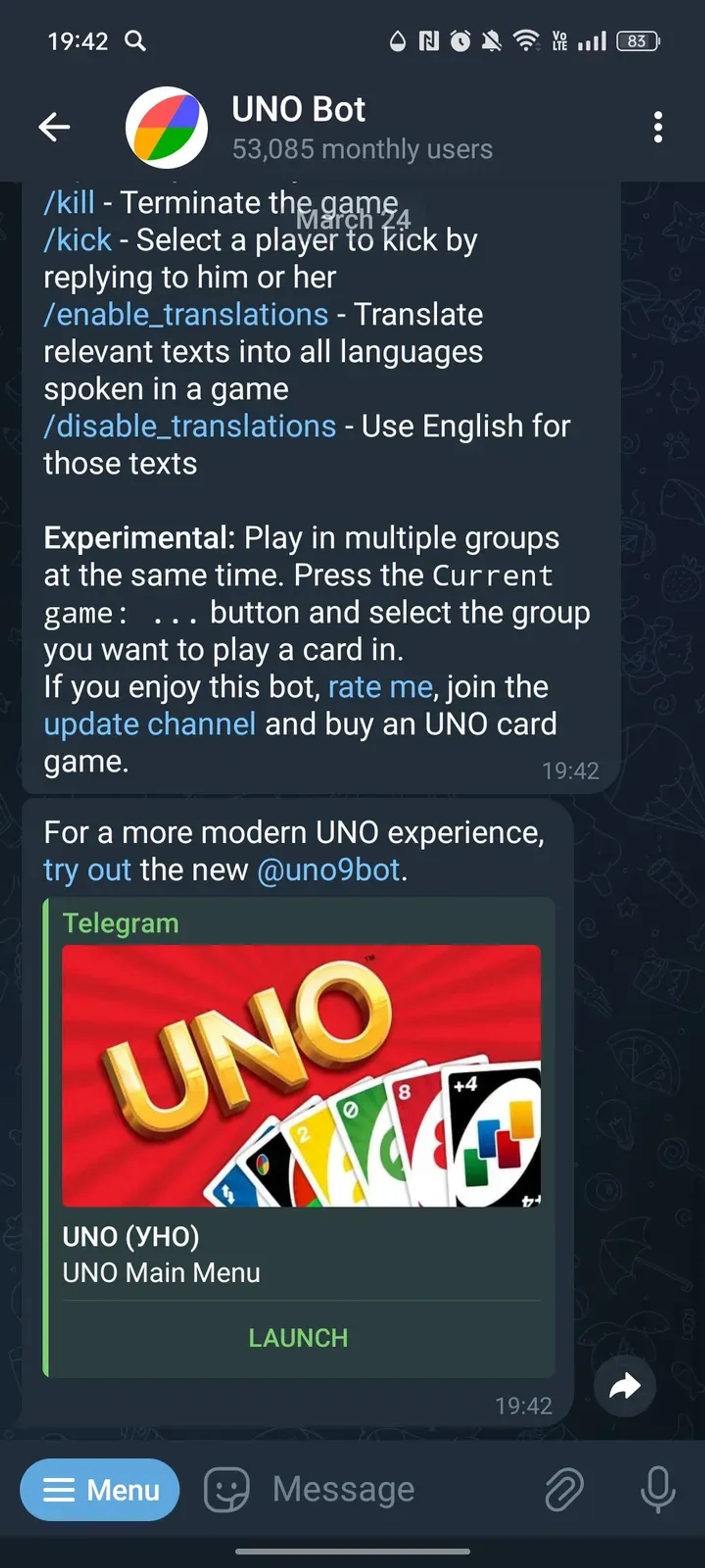UNO Bot в Телеграм — скриншот 2
