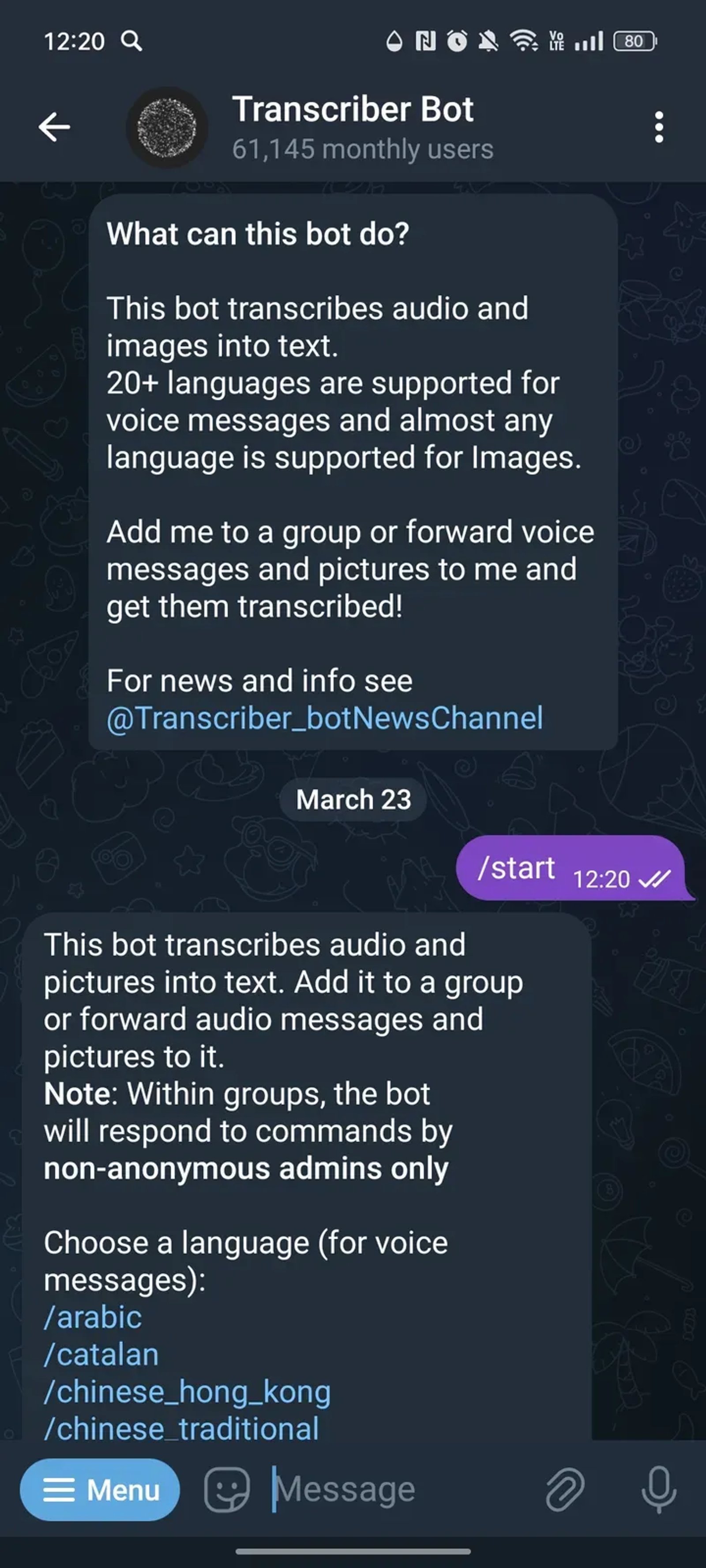 Transcriber Bot в Телеграм — скриншот 1
