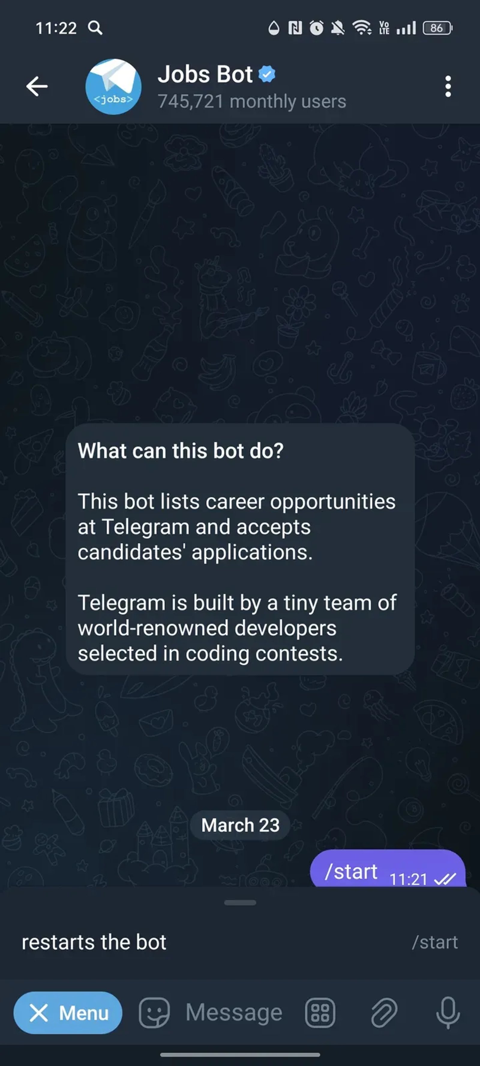 Jobs Bot в Телеграм — скриншот 3