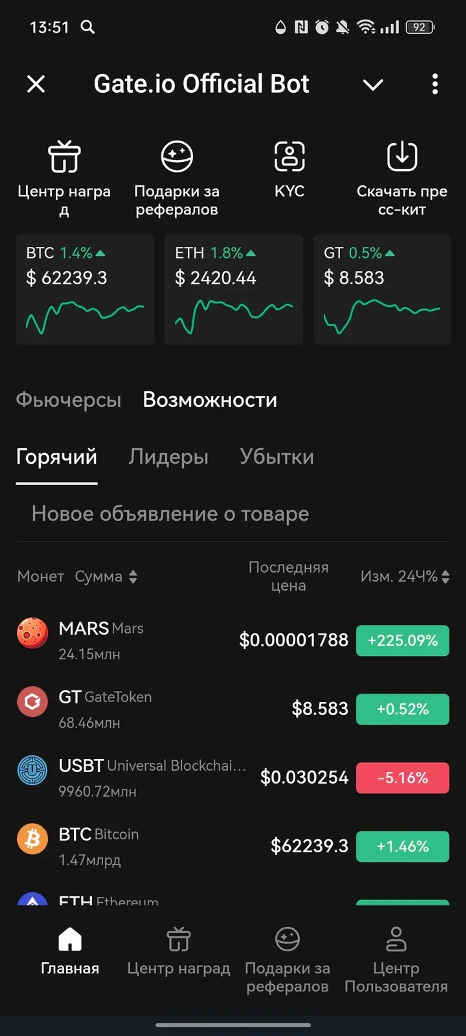 Gate Official Bot в Телеграм — скриншот 1