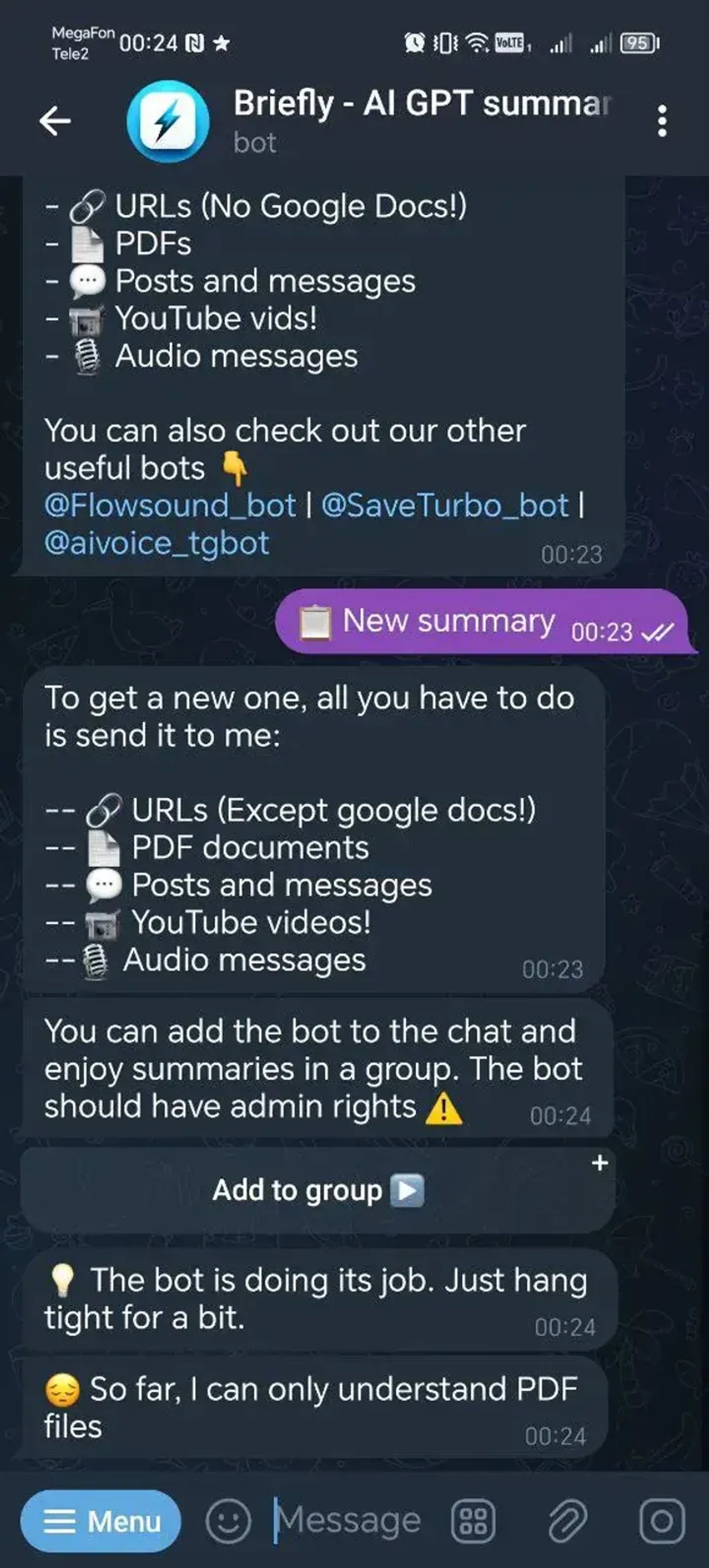 Briefly - AI GPT summary of any videos, PDFs, articles 📚 в Телеграм — скриншот 2